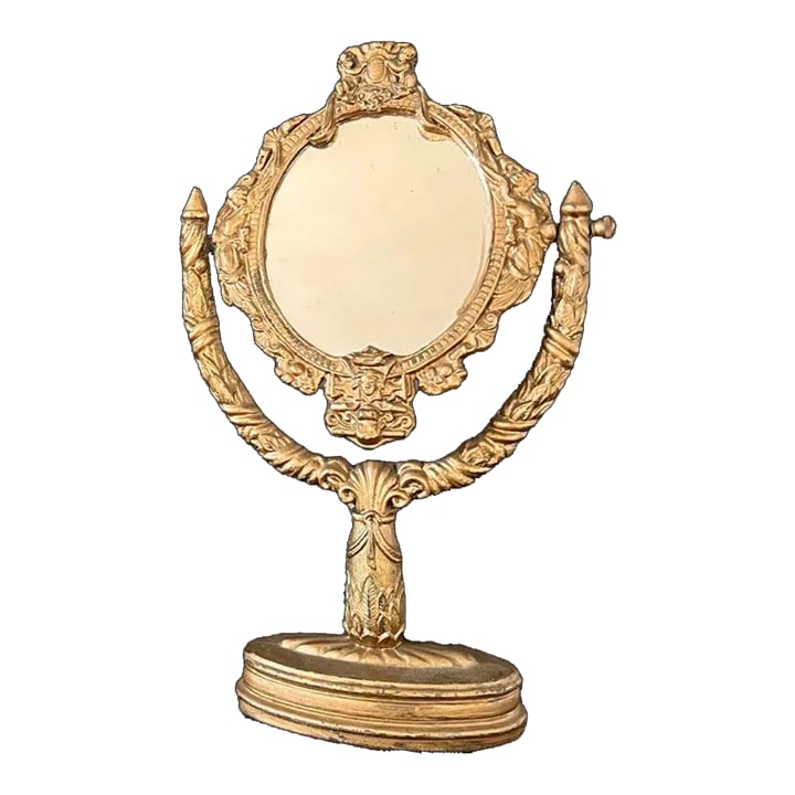 1920s Art Nouveau Table Mirror: Stunning antique gilded cast metal table top mirror . It's from 1920's . Beautiful rich detail on the stand and around the mirror. The frame and stand are gilded cast metal. It has normal wear sign