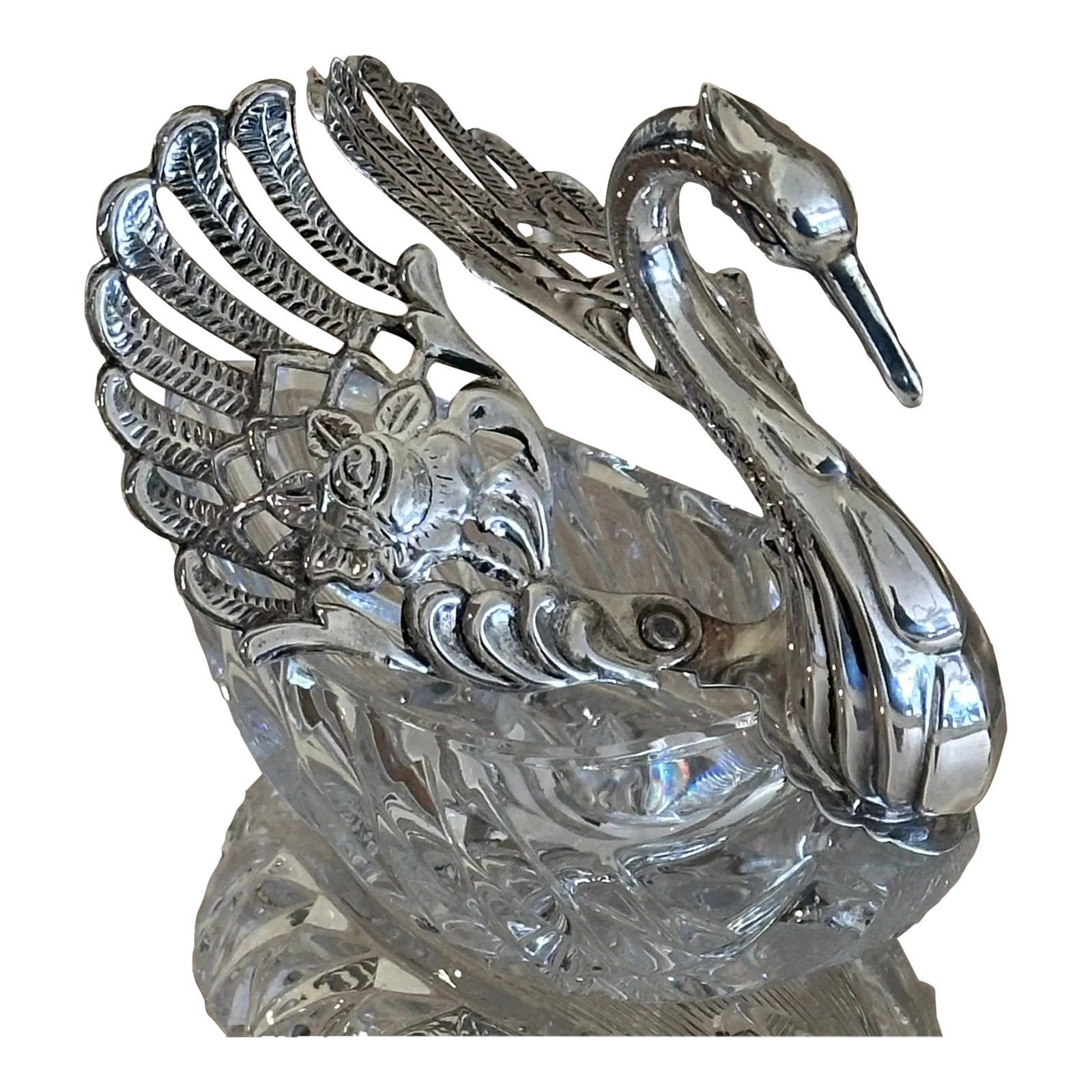 Early 20th Century Faberge Inspired Sterling Silver & Crystal Swan: Faberge inspired crystal swan with graceful sterling wings. Crystal body has deep cuts around as well as a striking starburst in the bottom and finely articulated wings with a lovely rose pattern in