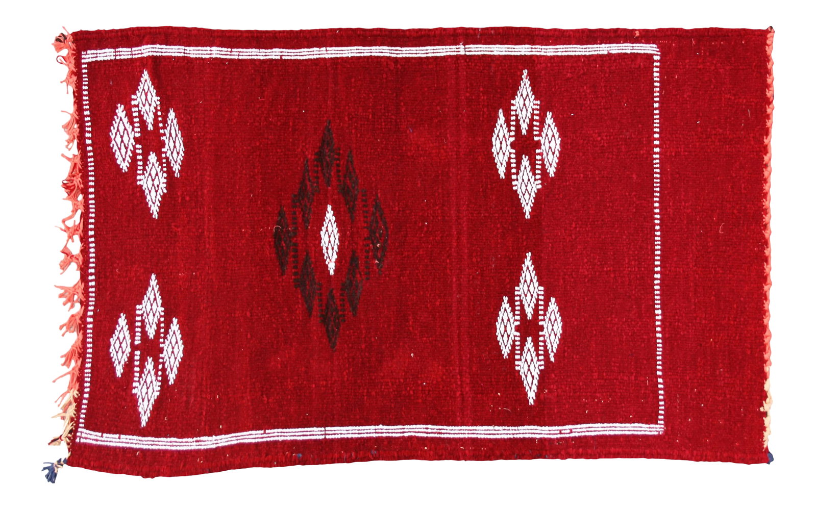 Moroccan Rug- 3' X 1'9'': Handwoven Moroccan Berber kilim with geometric motifs on red field. This gorgeous accent ships within 1-2 business days from purchase, and to be received within 2-4 business days from shipping of orde