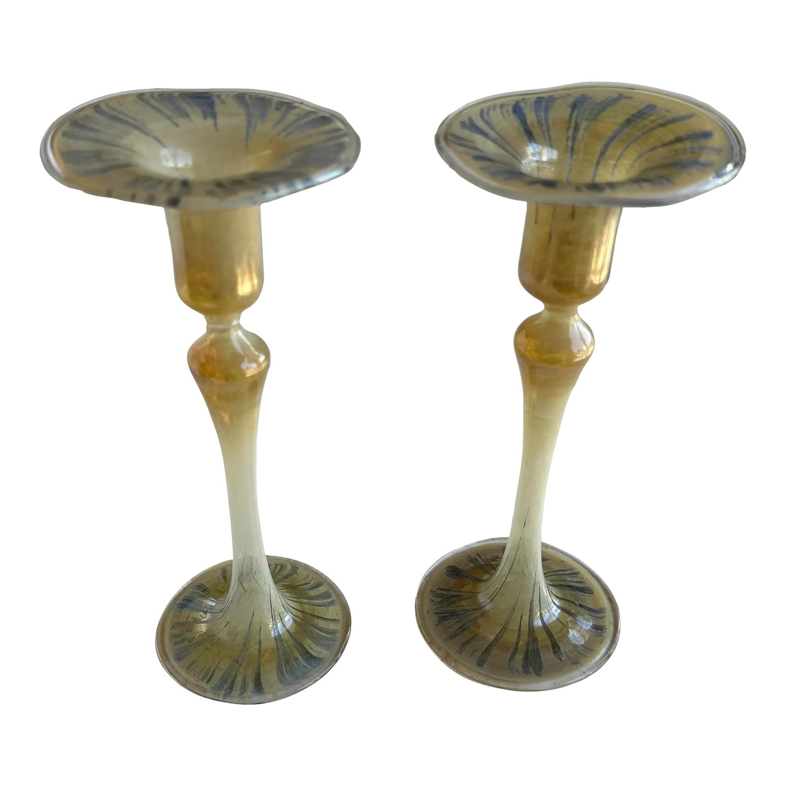 1950's Murano Candlestick Holders: Vintage Murano glass gold and blue candle stick holders from the estate of an elderly well-traveled couple. Delicately hand-blown, these have been well-cared for and ready to live on another 70-100 ye