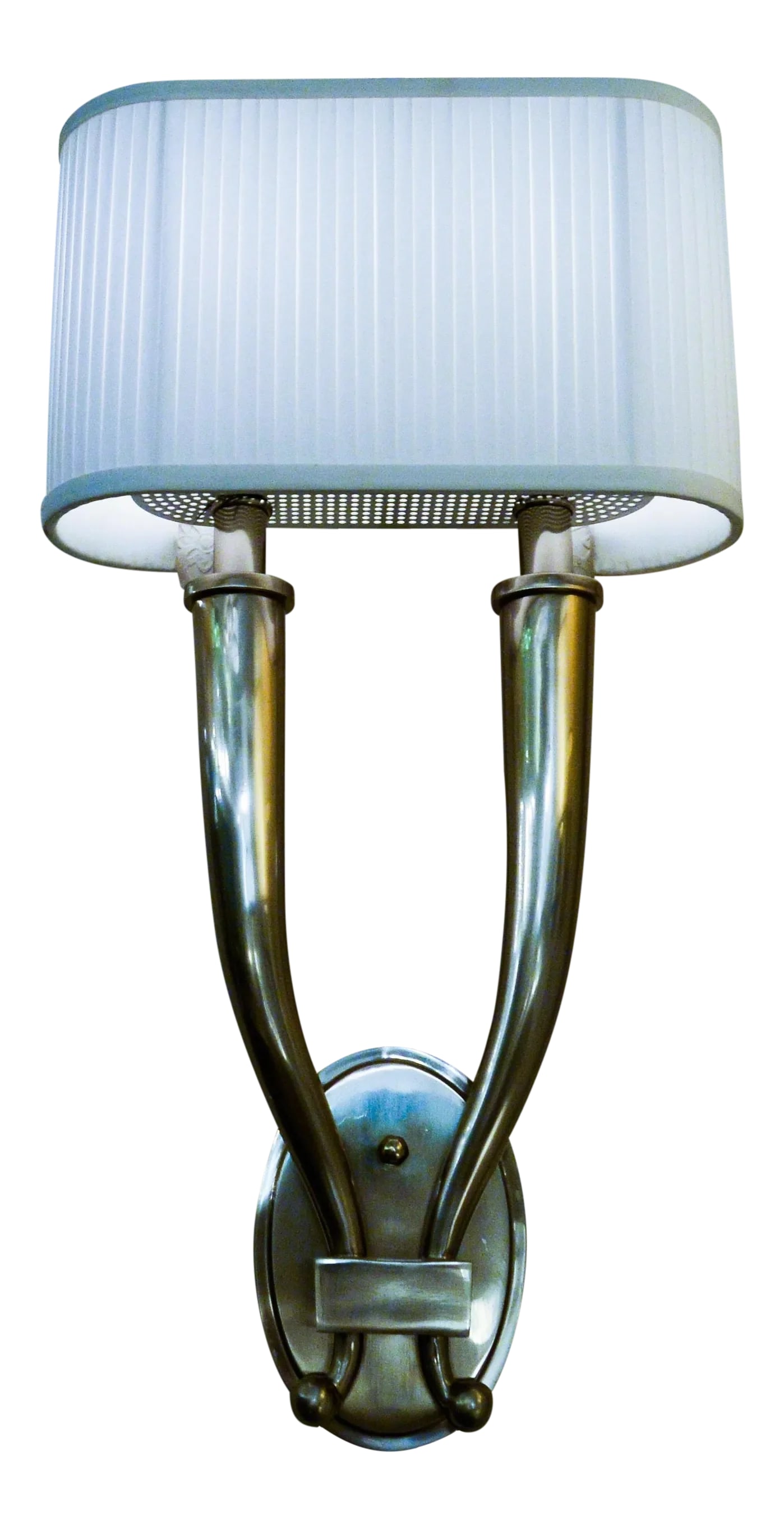 Two Light Nickel Sconce: Polished Nickel ADA Compliant Sconce has a bottom diffuser so that it can be installed high on a wall. Pleated White shade covers two 60-watt max. Candelabra sockets. Condition: Imperfections: No