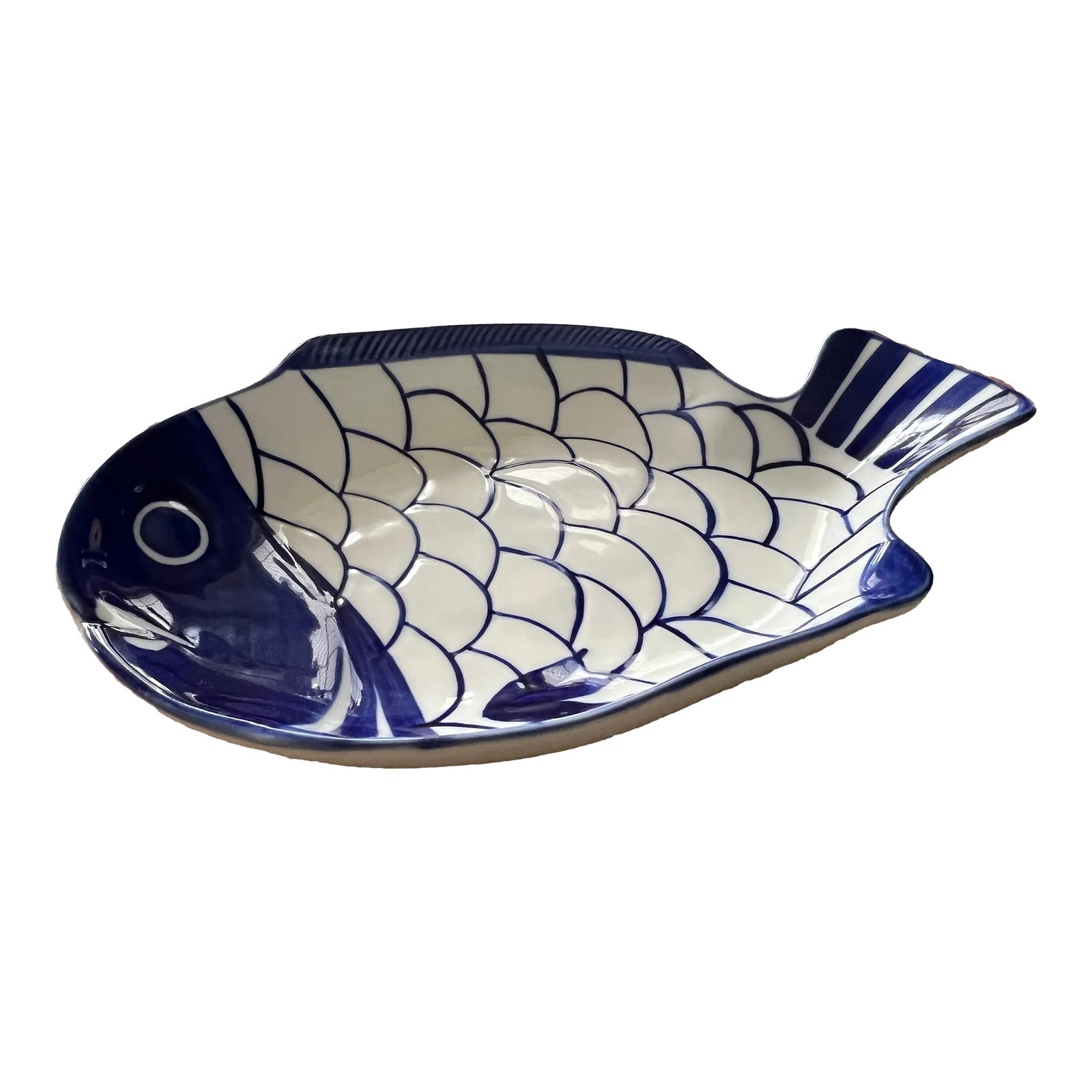 Vintage Dansk Blue and White Hand Painted Ceramic Fish Platter: Vintage Dansk blue and white hand painted ceramic fish platter from the Arabesque collection. Measures 10.5" wide, 7.5" deep and 1.5" tall. In mint condition. A striking serving dish perfect for