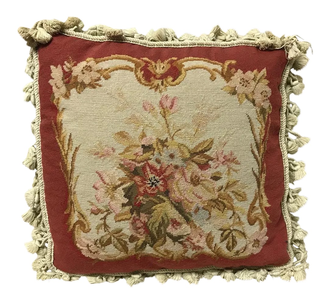 Traditional Chealsea Textiles Company Needlepoint Pillow: Vintage Wool thread needlepoint pillow with zipper closer and down and feather insert. Tassel fringe in a neutral beige adorns the perimeter. The backing is a solid beige velvet. The floral bouquet