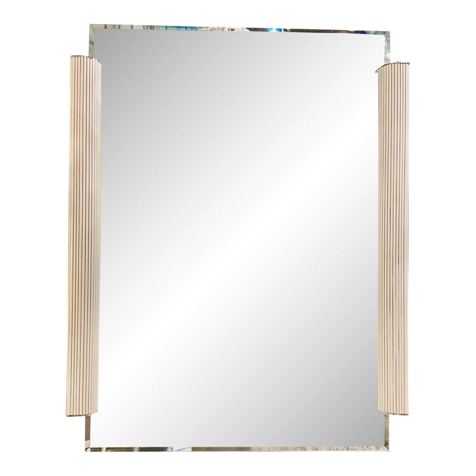 Caracole Modern Love to Look Wall Mirror: Stylish Caracole Modern Love to Look Wall Mirror, beveled mirror, dove gray receded sides with brass finished accents, showroom floor sample Condition: Imperfections: Some Imperfections Condition