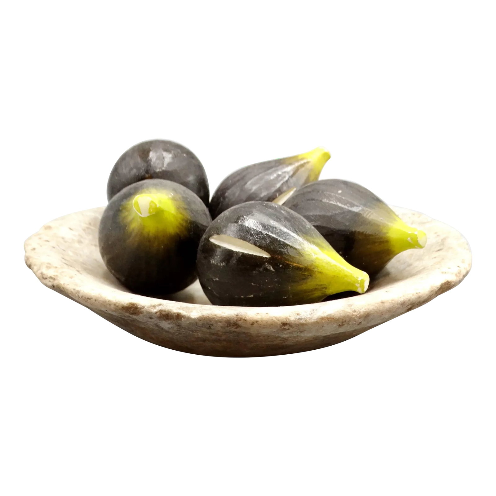 Vintage Marble Bowl With Decorative Alabaster Fig Stone Fruit: Late 20th-Century decorative marble bowl with alabaster figs fruit. This is a shallow hand hewn marble bowl with five stone figs. These lovely fruit are quite realistic and create a beautiful still