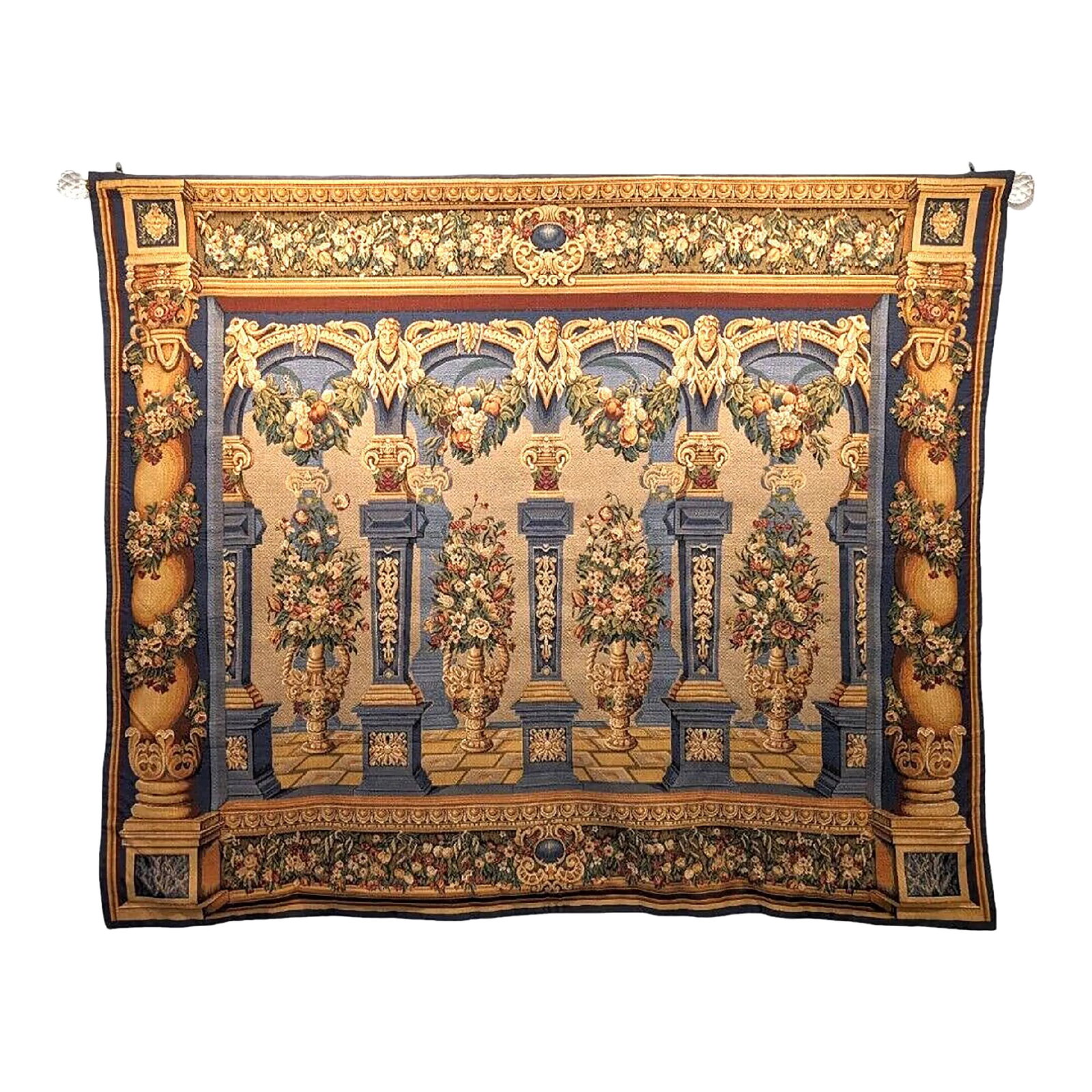 Loggia Columns European Tapestry: Enhance your home decor with this stunning European tapestry featuring Loggia Columns. The multicolored tapestry with a height of 54 inches and width of 65 inches is perfect for adding a touch of