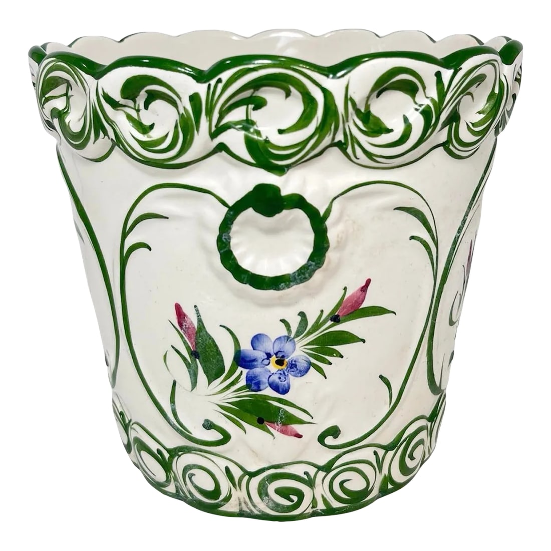 1970s European Hand-Painted Ceramic Planter: Add some charm to your decor with this hand-painted ceramic planter from Portugal with scrolls of green foliage designs on a white background. Small drainage hole on the side of the planter as shown. 