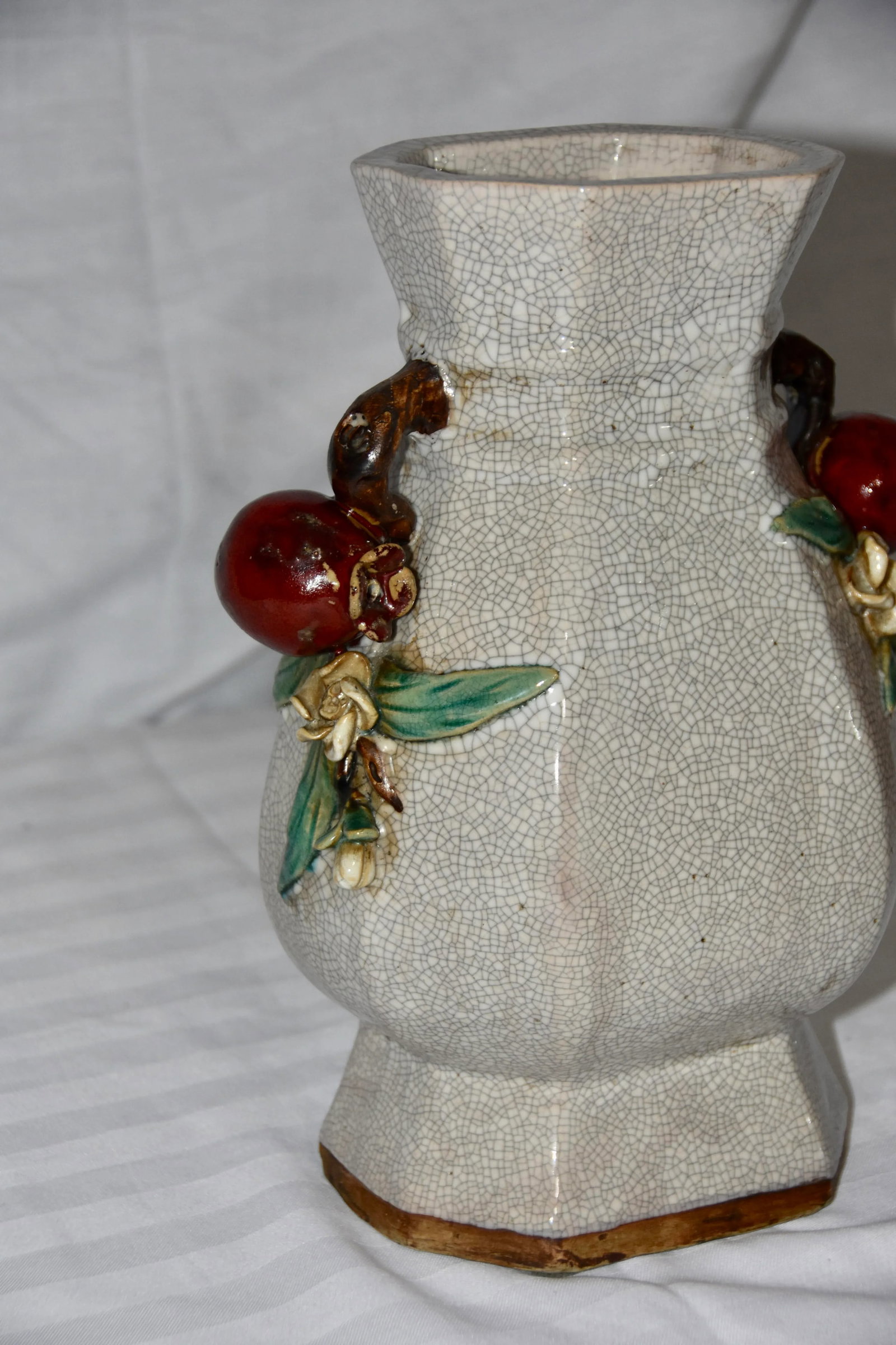Majolica Chinese Crackle Ceramic Stoneware Vase With Pomegranates Handles - 11