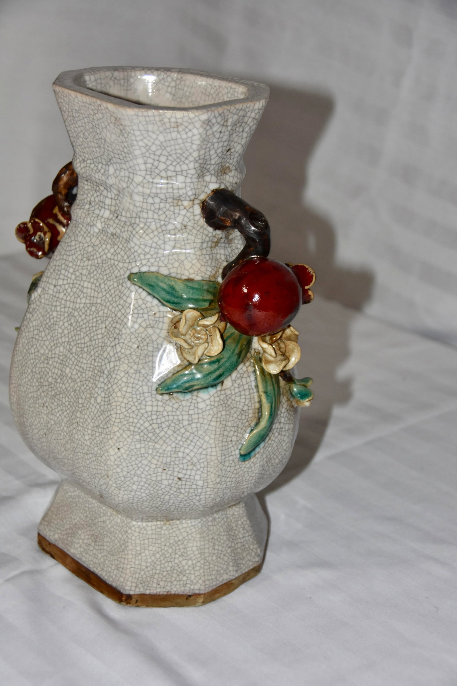 Majolica Chinese Crackle Ceramic Stoneware Vase With Pomegranates Handles - 12