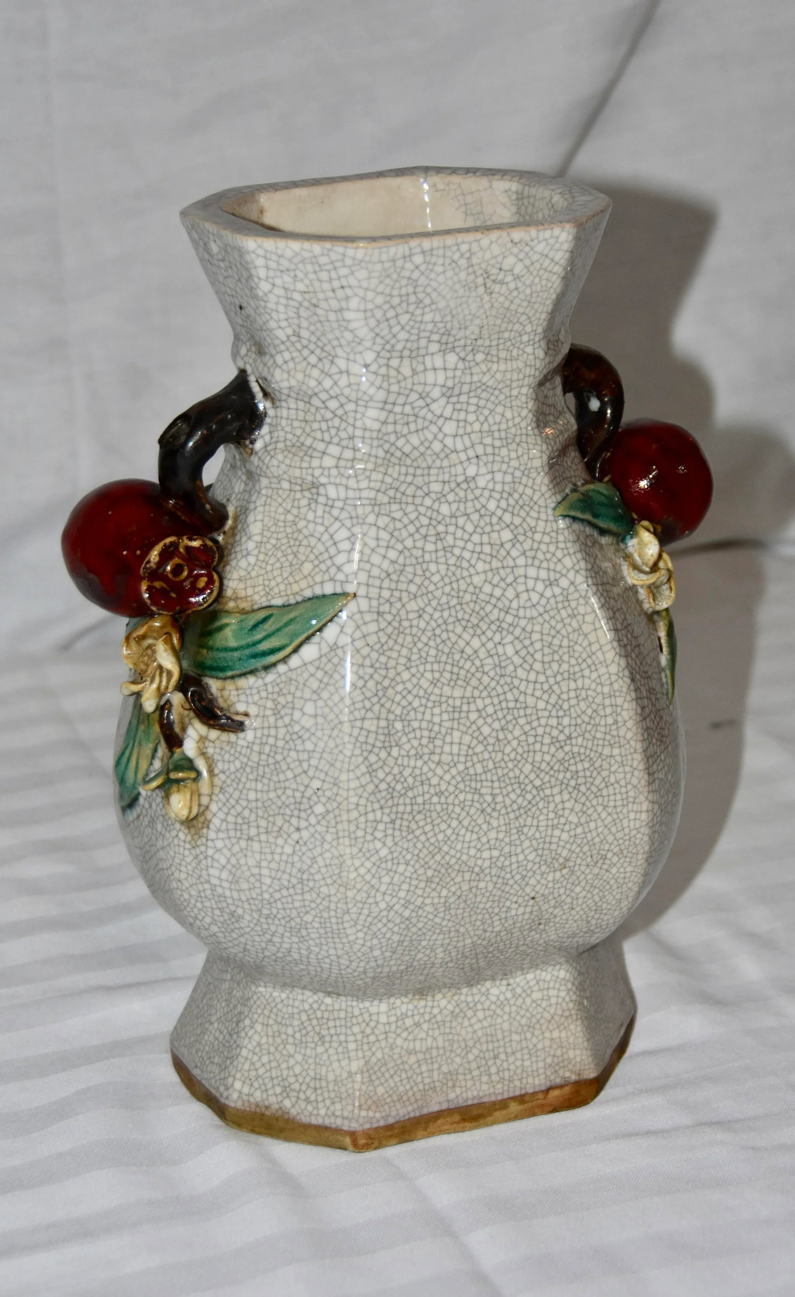 Majolica Chinese Crackle Ceramic Stoneware Vase With Pomegranates Handles - 13