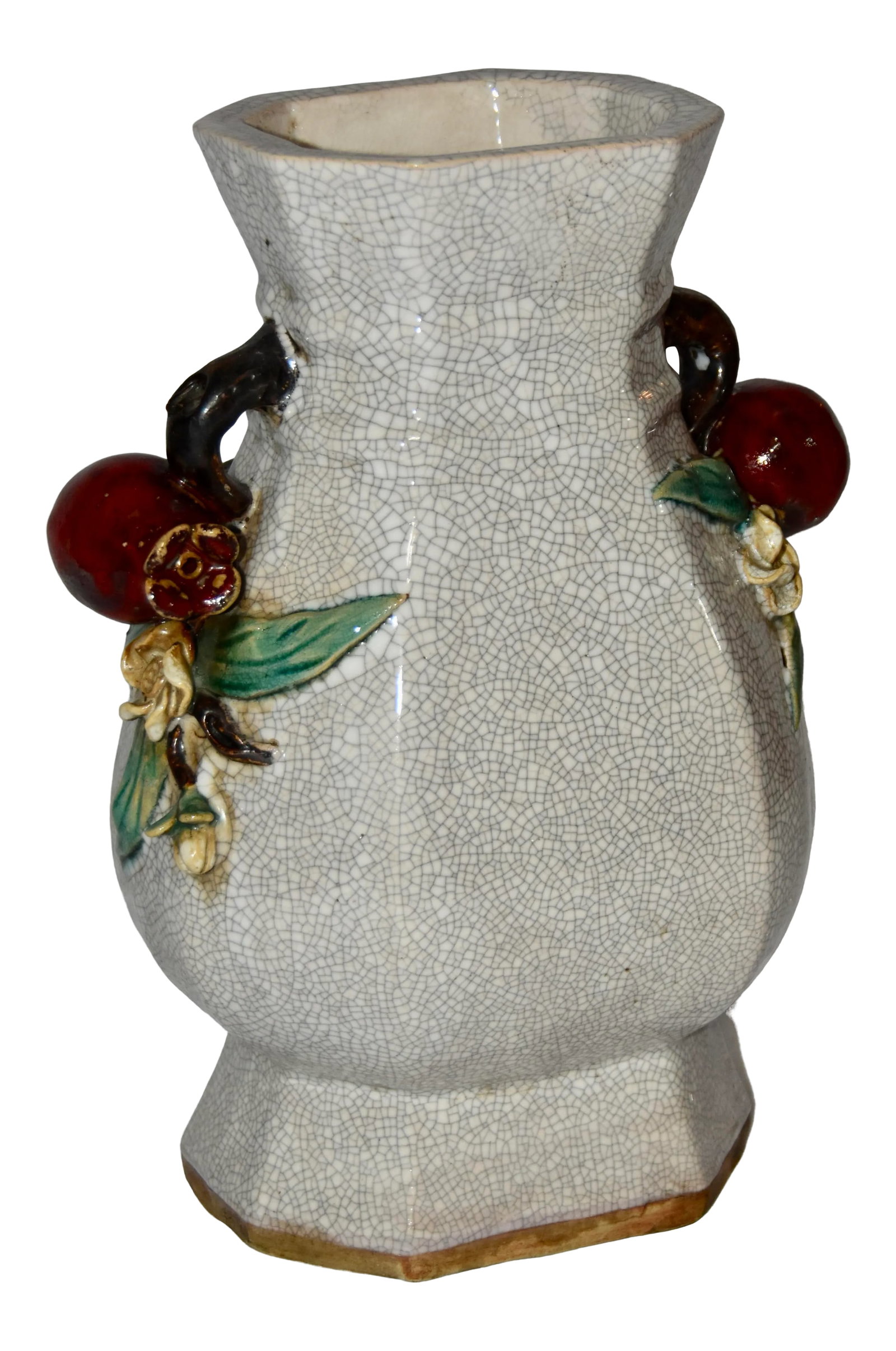 Majolica Chinese Crackle Ceramic Stoneware Vase With Pomegranates Handles: Beautiful Majolica Chinese antique ceramic vase with white crackle glaze, a wonderful, applied pomegranate fruit handles. c. 1900.The bottom has markings stem with a 25. BC-010 Condition:
