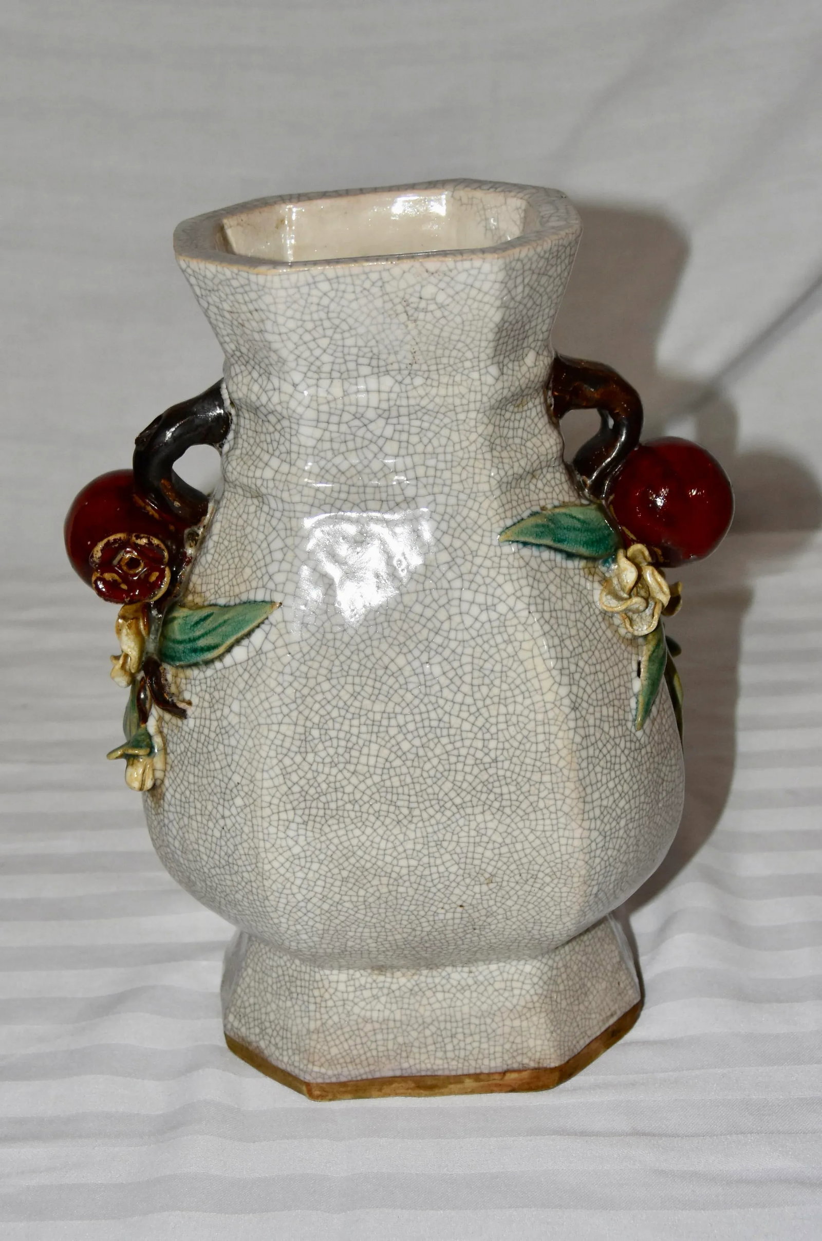 Majolica Chinese Crackle Ceramic Stoneware Vase With Pomegranates Handles - 2