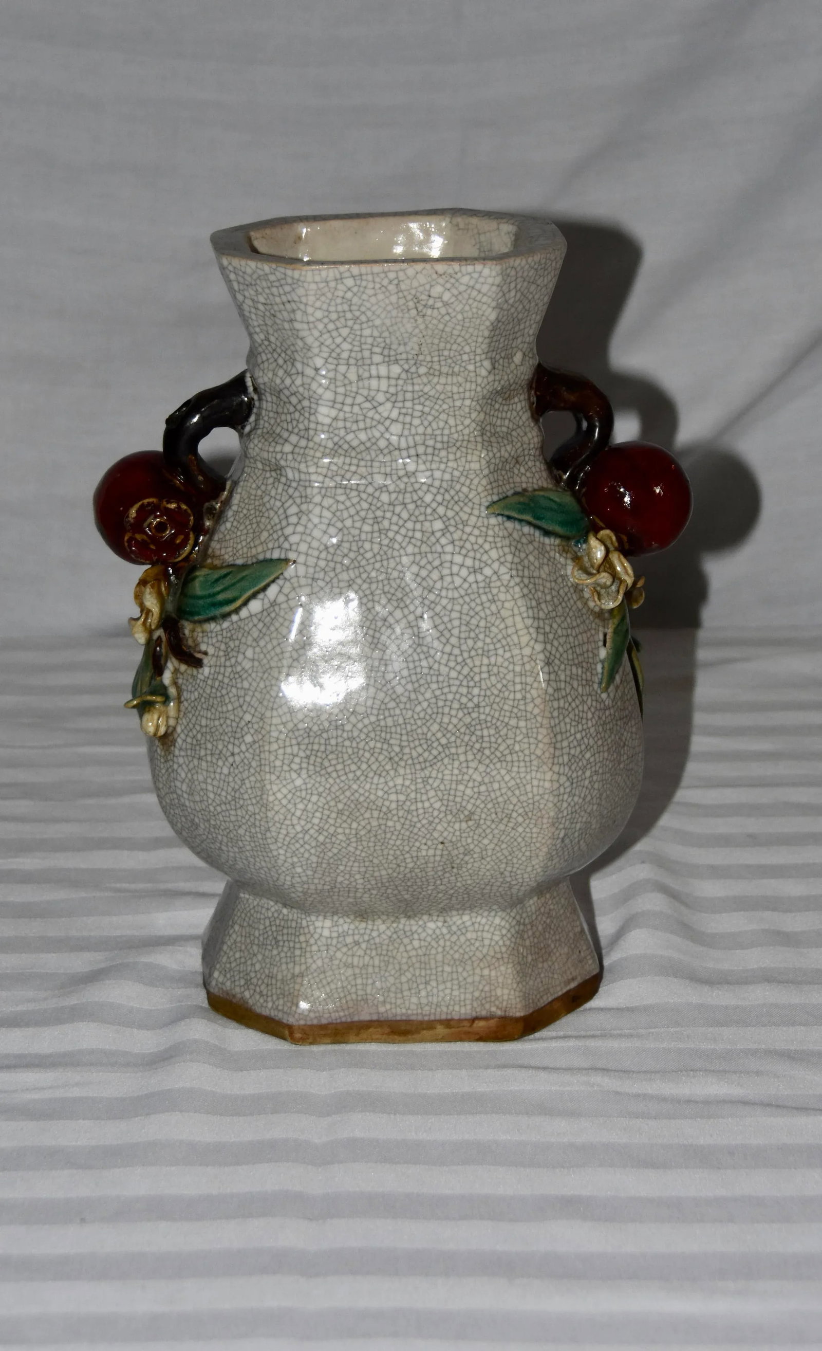 Majolica Chinese Crackle Ceramic Stoneware Vase With Pomegranates Handles - 3