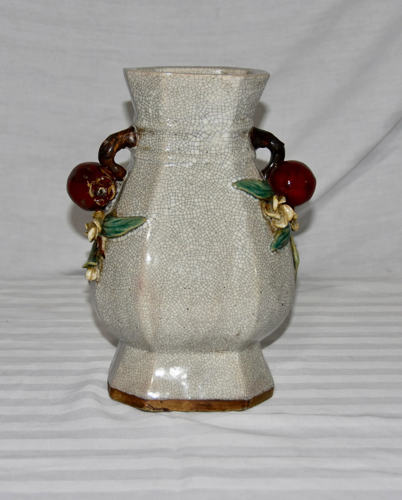 Majolica Chinese Crackle Ceramic Stoneware Vase With Pomegranates Handles - 4
