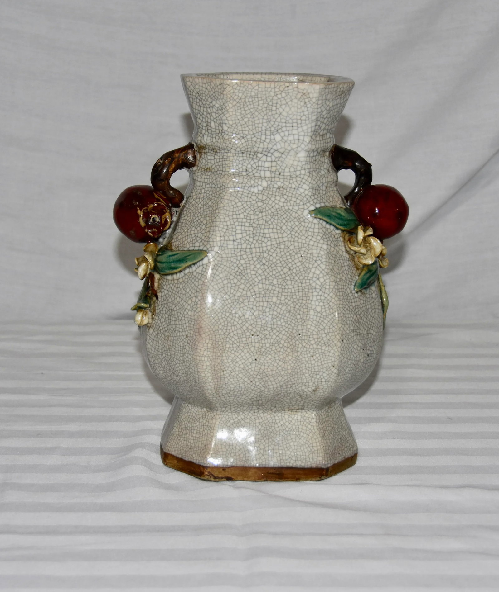 Majolica Chinese Crackle Ceramic Stoneware Vase With Pomegranates Handles - 5
