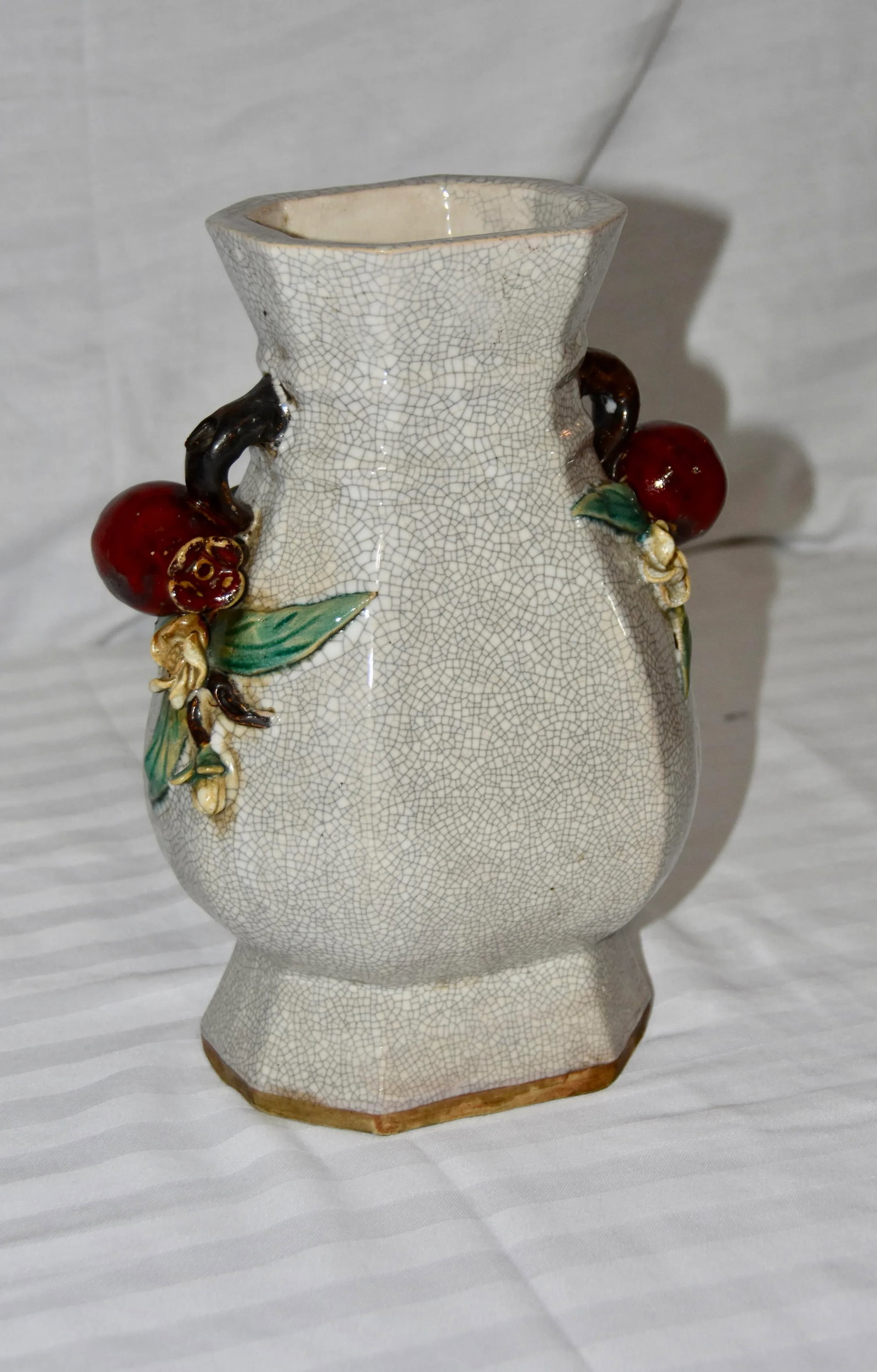 Majolica Chinese Crackle Ceramic Stoneware Vase With Pomegranates Handles - 6
