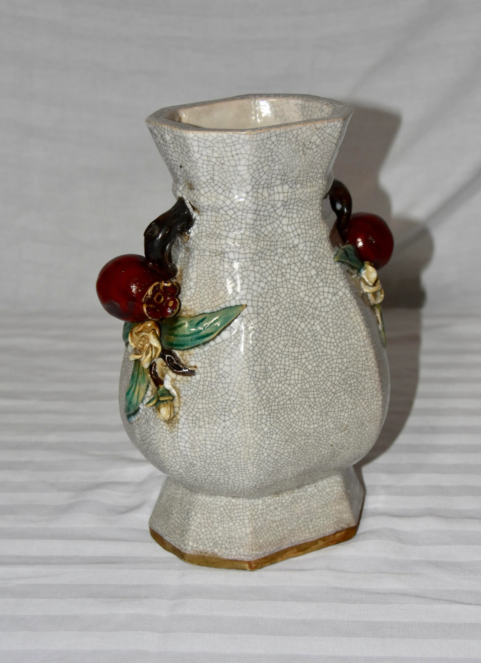 Majolica Chinese Crackle Ceramic Stoneware Vase With Pomegranates Handles - 7