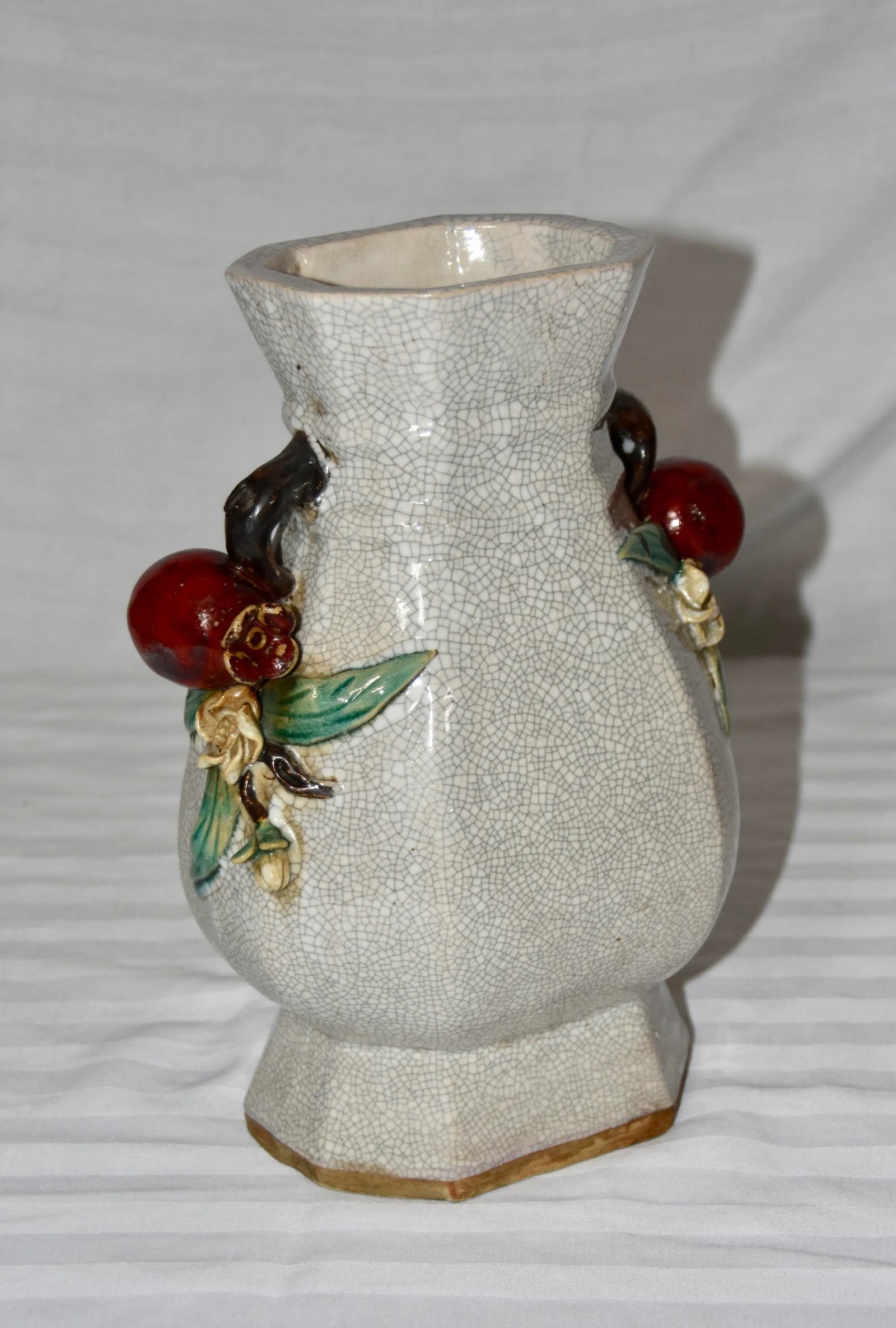 Majolica Chinese Crackle Ceramic Stoneware Vase With Pomegranates Handles - 8