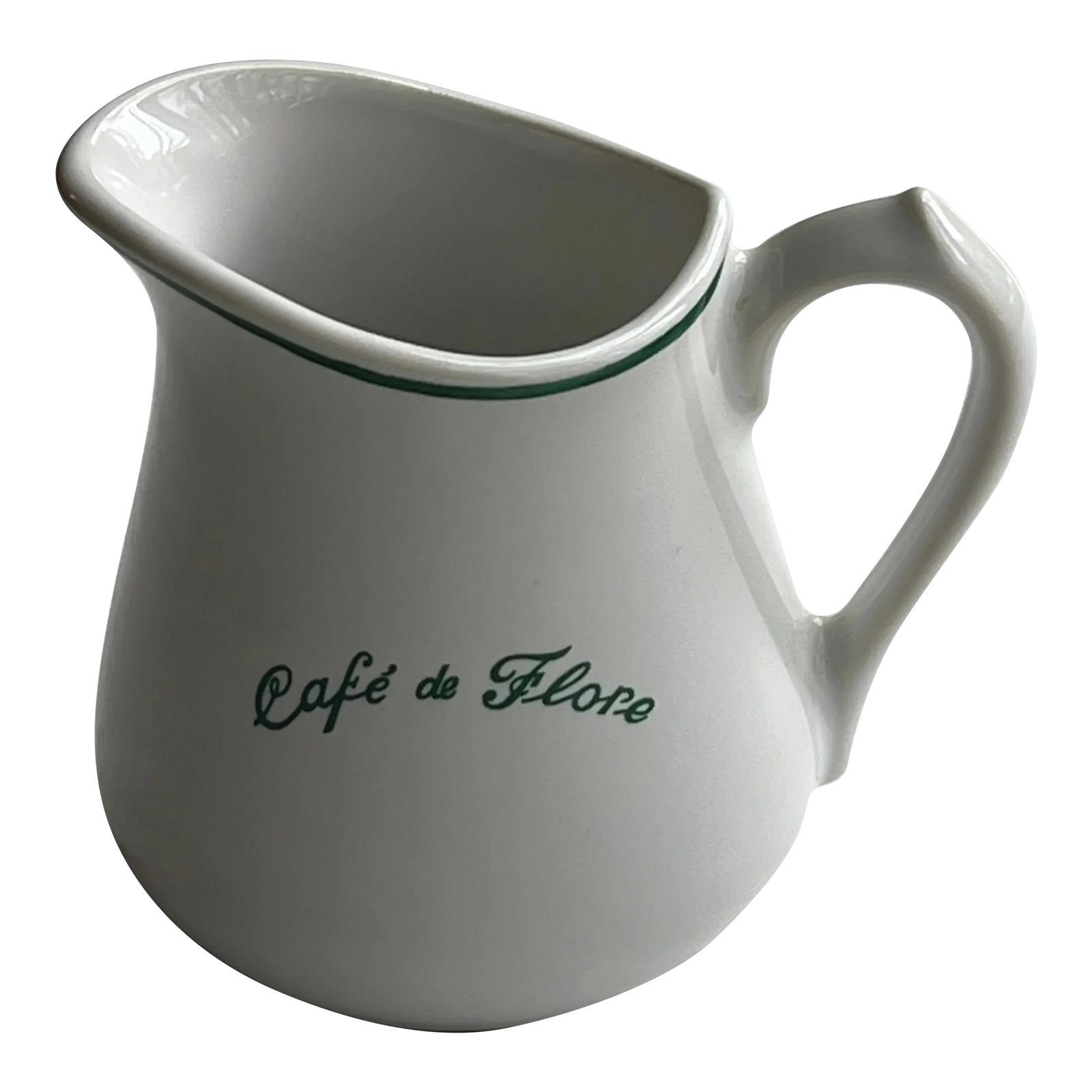 Cafe De Flore Revol Small Pitcher: A small white porcelain pitcher with green script Cafe de Flore from the iconic Parisian cafe. Marked on reverse REVOL. Perfect for Francophiles! COMBINED SHIPPING AVAILABLE. Condition: Alterations:
