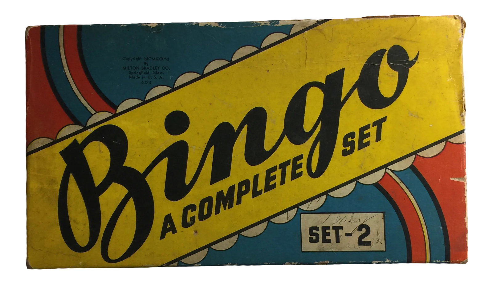 1940s Vintage Bingo Set: Vintage (circa 1940s?) Milton Bradley Bingo Set complete with original box. Contains 10 cards, red wooden markers, black wooden markers for the "banker" and a printed sheet for the banker. Set appears