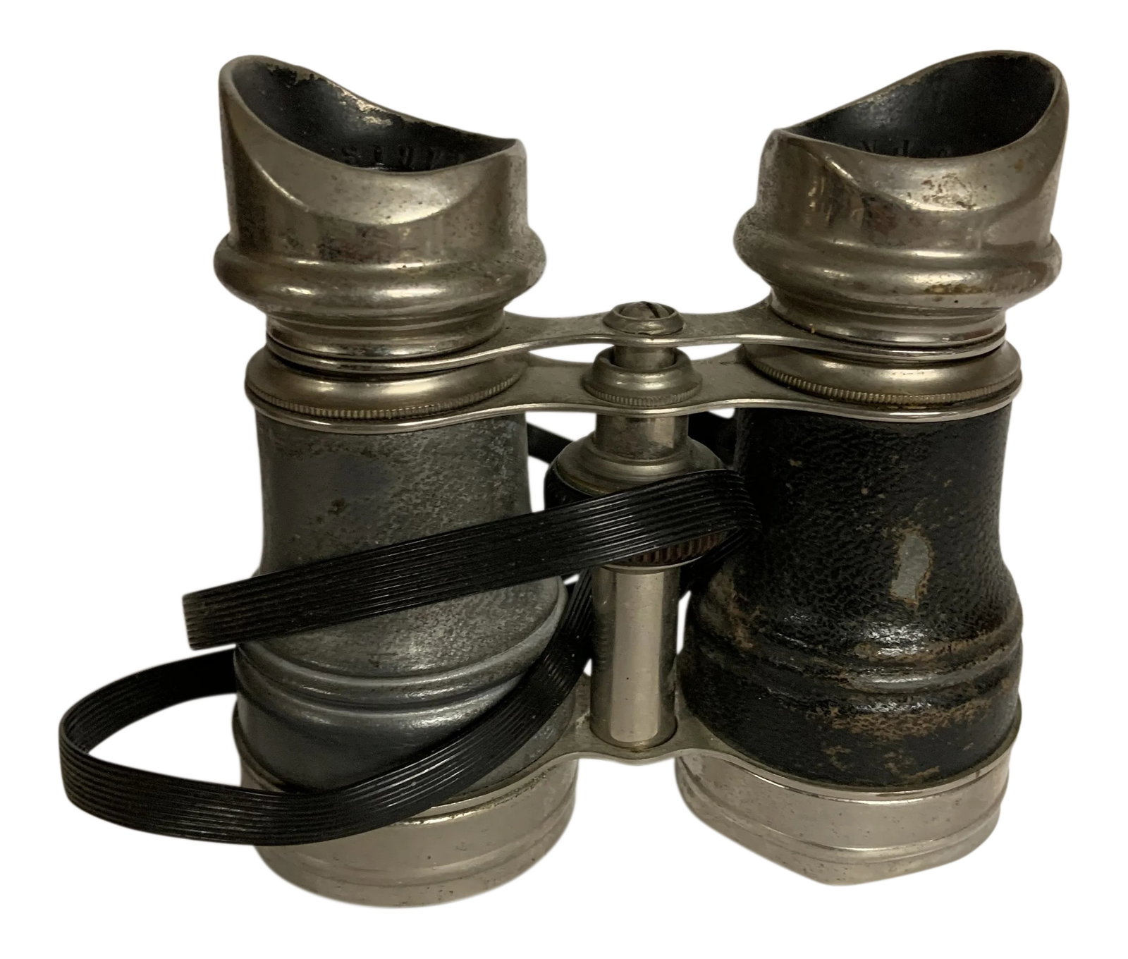 19th C. French Jockey Club Paris Field Glasses Binoculars: This is an original pair of antique (c. 1880s) French binoculars stamped on each eyepiece "Jockey Club Paris". The frame is metal and one barrel is covered in leather. One barrel is slightly dented.