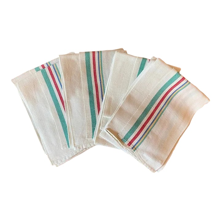 Vintage Linen Multi-Color Striped Tea Towels- Set of 4: Vintage Linen Multi-Color Striped Tea or Drying Towels, Set of 4, Green, Red, Blue & Yellow Stripes. Hand hemmed. Excellent condition - they just don't make linen towels like they used to! Condition: 