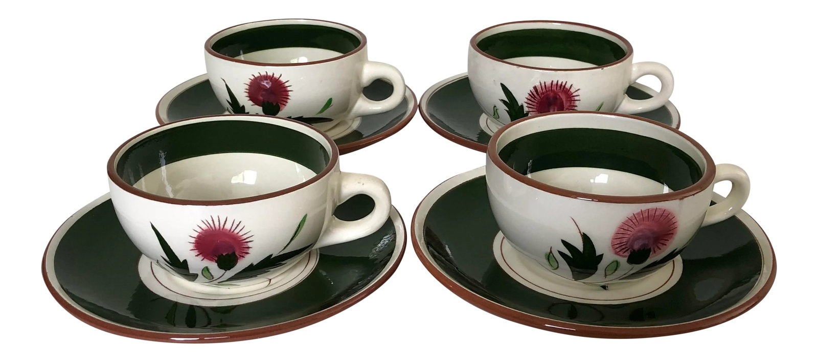 Midcentury Stangl Pottery "Thistle" Teacups & Saucers - Service for 4: Vintage Midcentury, Set of four teacups and saucers, Makers mark " Stangl Pottery Thistle " in excellent condition. Condition: Alterations: Original Condition Unaltered Imperfections: Some
