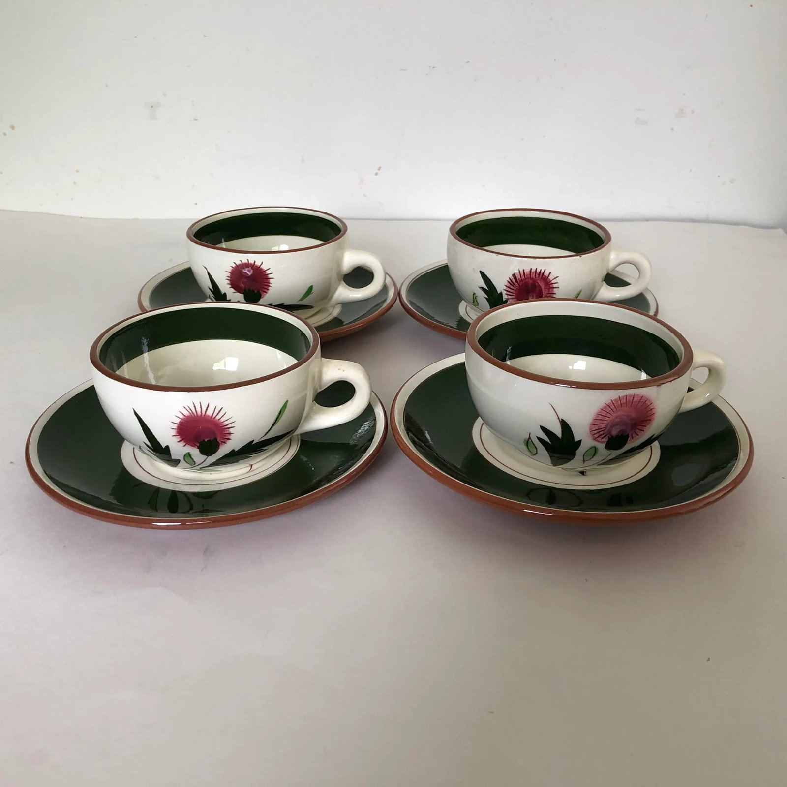 Midcentury Stangl Pottery "Thistle" Teacups & Saucers - Service for 4 - 6