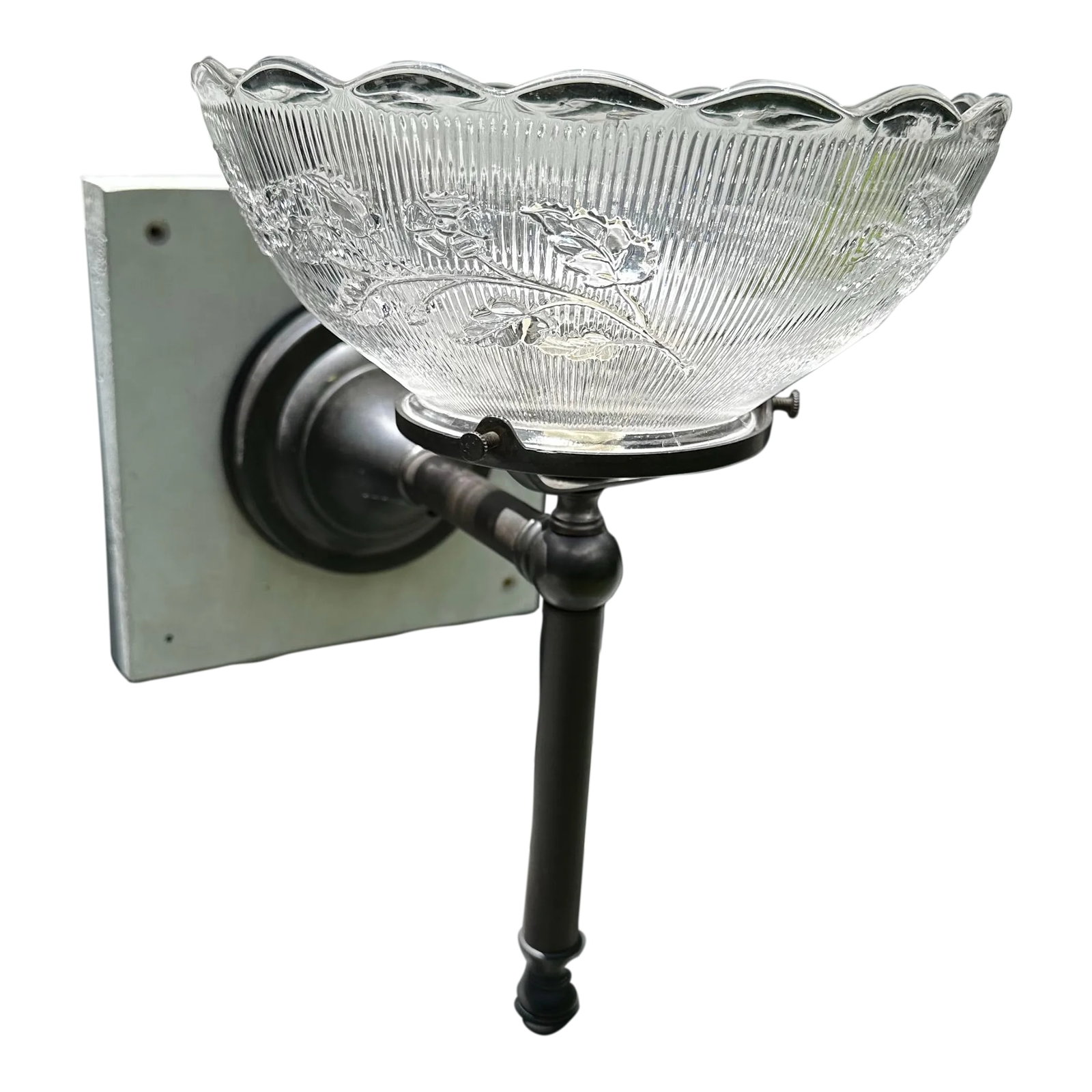 Vintage Gas Shade on Antique Brass Wall Sconce: Old Lights On is pleased to offer this vintage gas shade with antique brass wall sconce. It is wired and ready to install. Currently, it is mounted to a wooden block, but it can easily be removed and