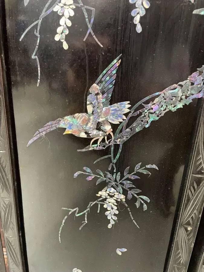 Antique Asian Four Panel Folding Screen Mother of Pearl Inlay - 10