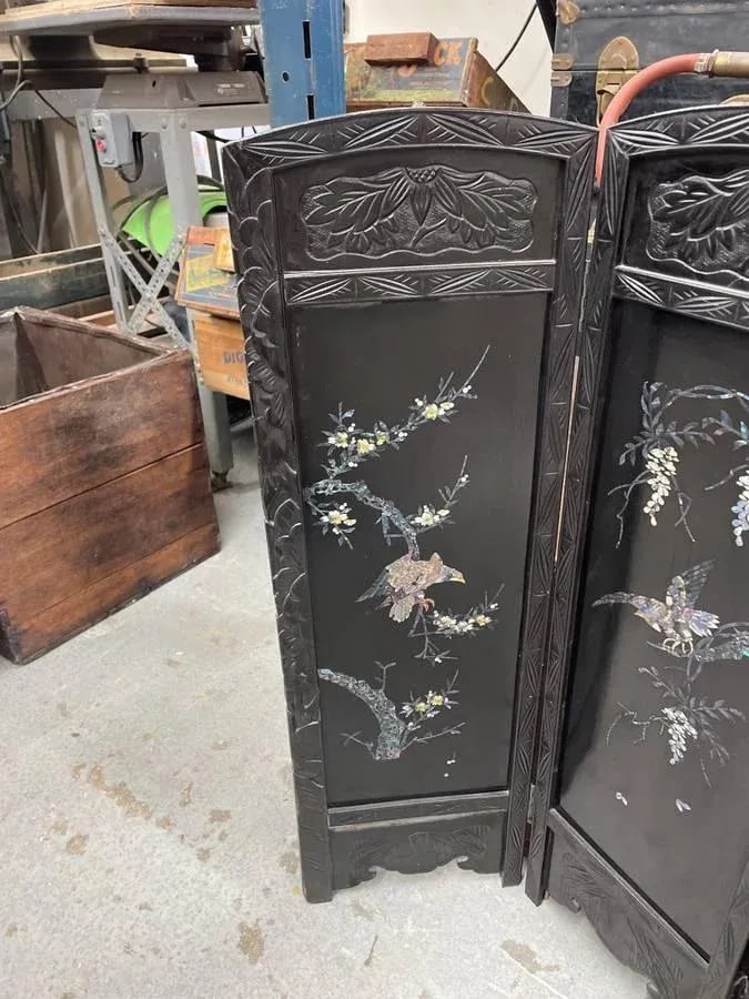 Antique Asian Four Panel Folding Screen Mother of Pearl Inlay - 2