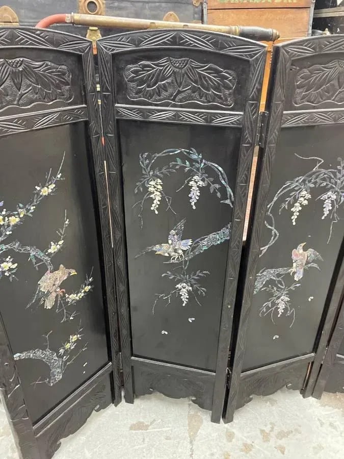 Antique Asian Four Panel Folding Screen Mother of Pearl Inlay - 3
