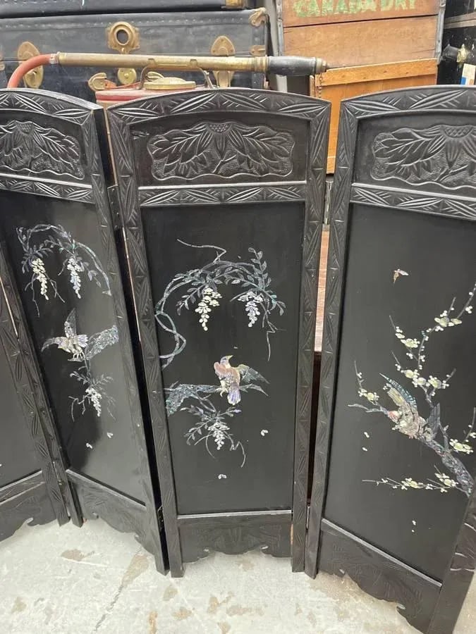 Antique Asian Four Panel Folding Screen Mother of Pearl Inlay - 4
