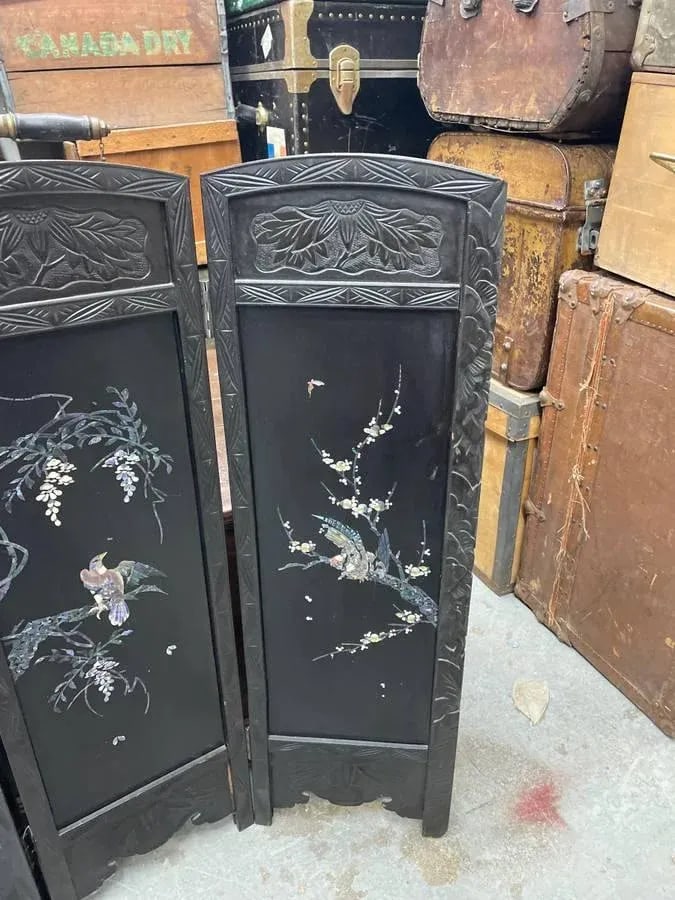 Antique Asian Four Panel Folding Screen Mother of Pearl Inlay - 5