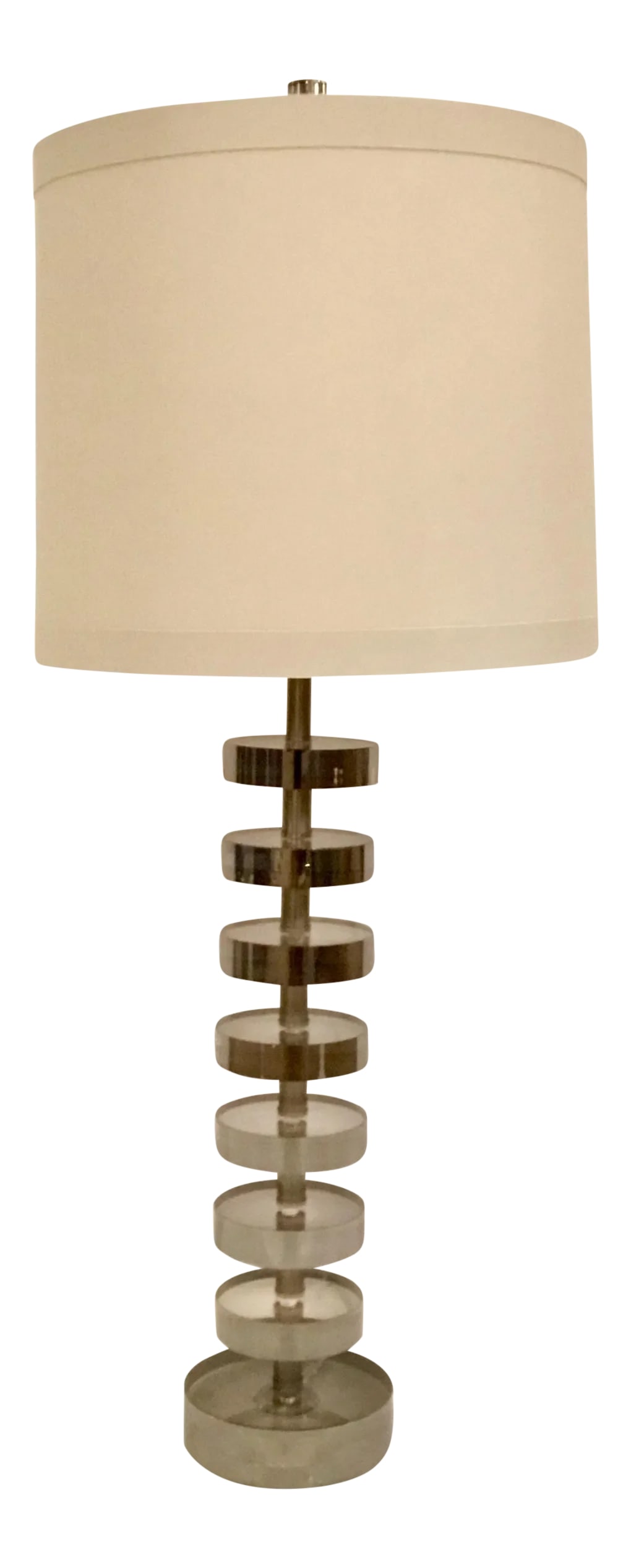 Contemporary Smoked Acrylic Disks Arteriors Foley Table Lamp: Stylish contemporary smoked acrylic disks Arteriors Foley table lamp, banded fabric drum shade and matching finial, showroom floor sample, original retail $900 Body Height: 20" Condition: