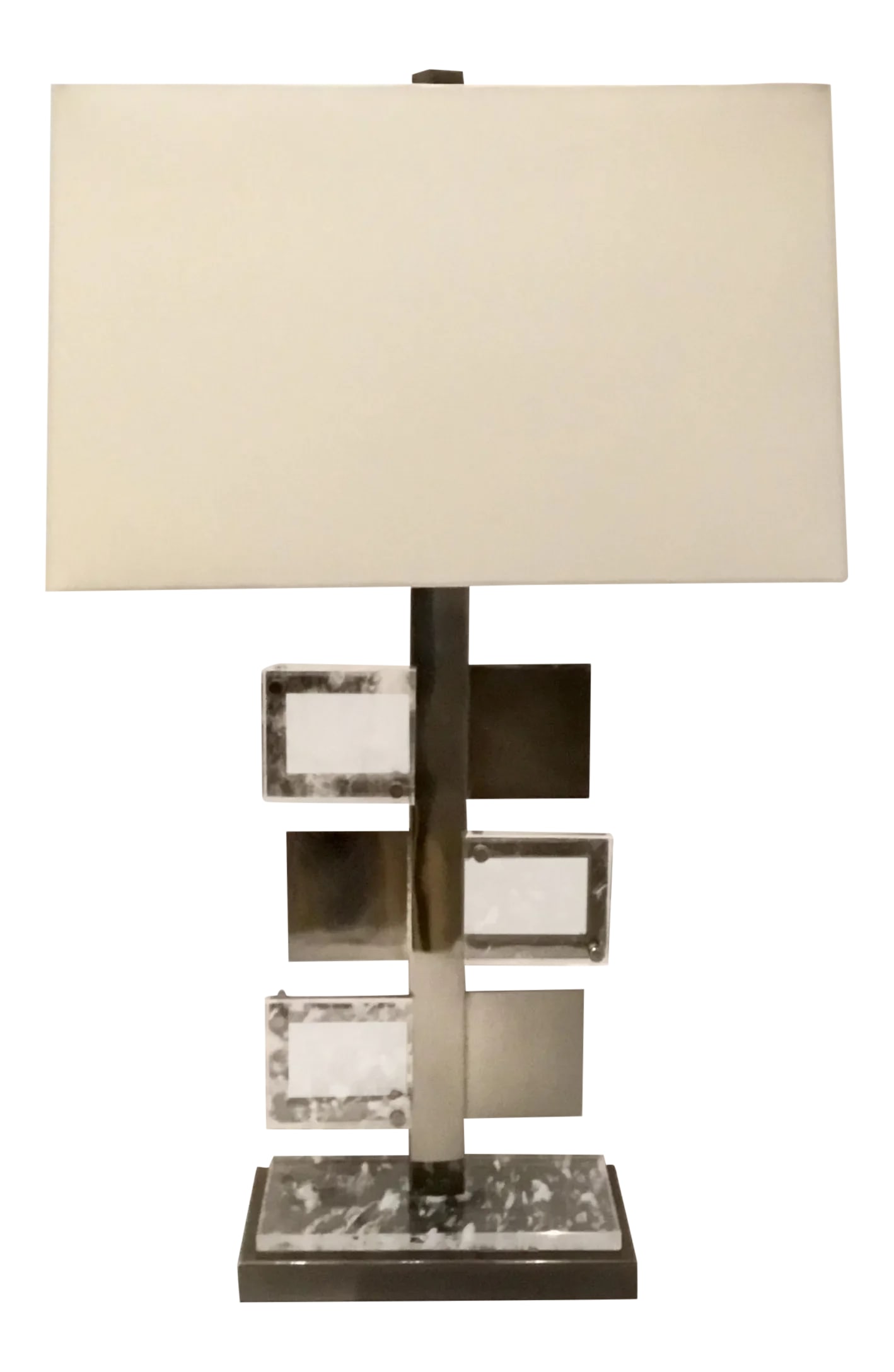 Arteriors Modern Steel and Crystal Pearlman Table Lamp: Stylish Arteriors Modern Steel and Crystal Pearlman Table Lamp, off-white rectangular shade and complimentary finial, showroom floor sample Body Height: 21" Condition: Imperfections: Some Imperfection