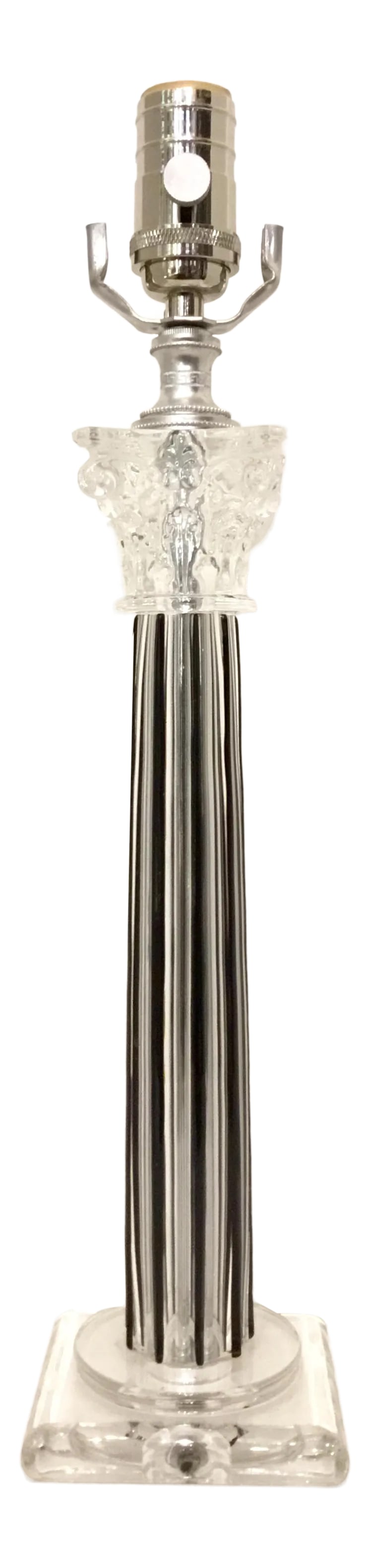 Italian Black and Clear Crystal Column Table Lamp: Stylish transitional italian black and clear crystal column table lamp, showroom floor sample Condition: Imperfections: Some Imperfections Condition Notes: Showroom floor sample Materials &