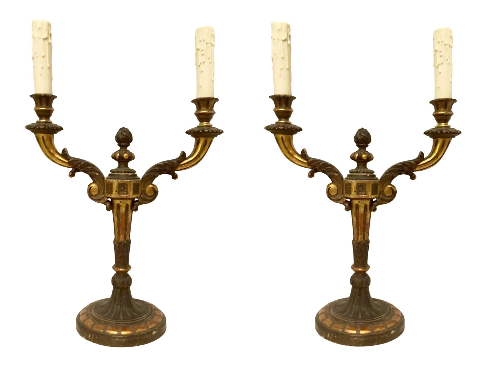 Vintage Italian Two Arm Carved Gold Gilt Candelabra Table Lamps - a Pair: Elegant traditional vintage italian two arm carved gold gilt candelabra table lamps pair, circa early 20th century Condition: Alterations: Restored Imperfections: Some Imperfections Condition Notes: R