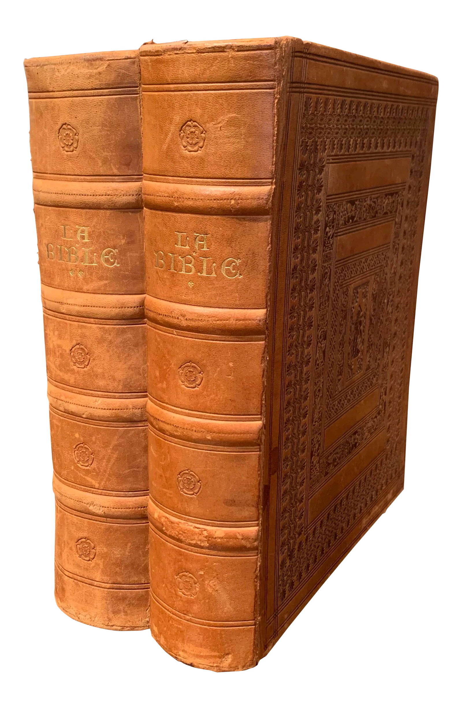 Mid-Century French Two-Volume Leather Bound Bible Set, Marseille 1953: Decorate a library, study, or console table with this elegant two-volume French Holy Bible set. Printed in Marseille, France, and dated 1953, the substantial books are beautifully bound in richly