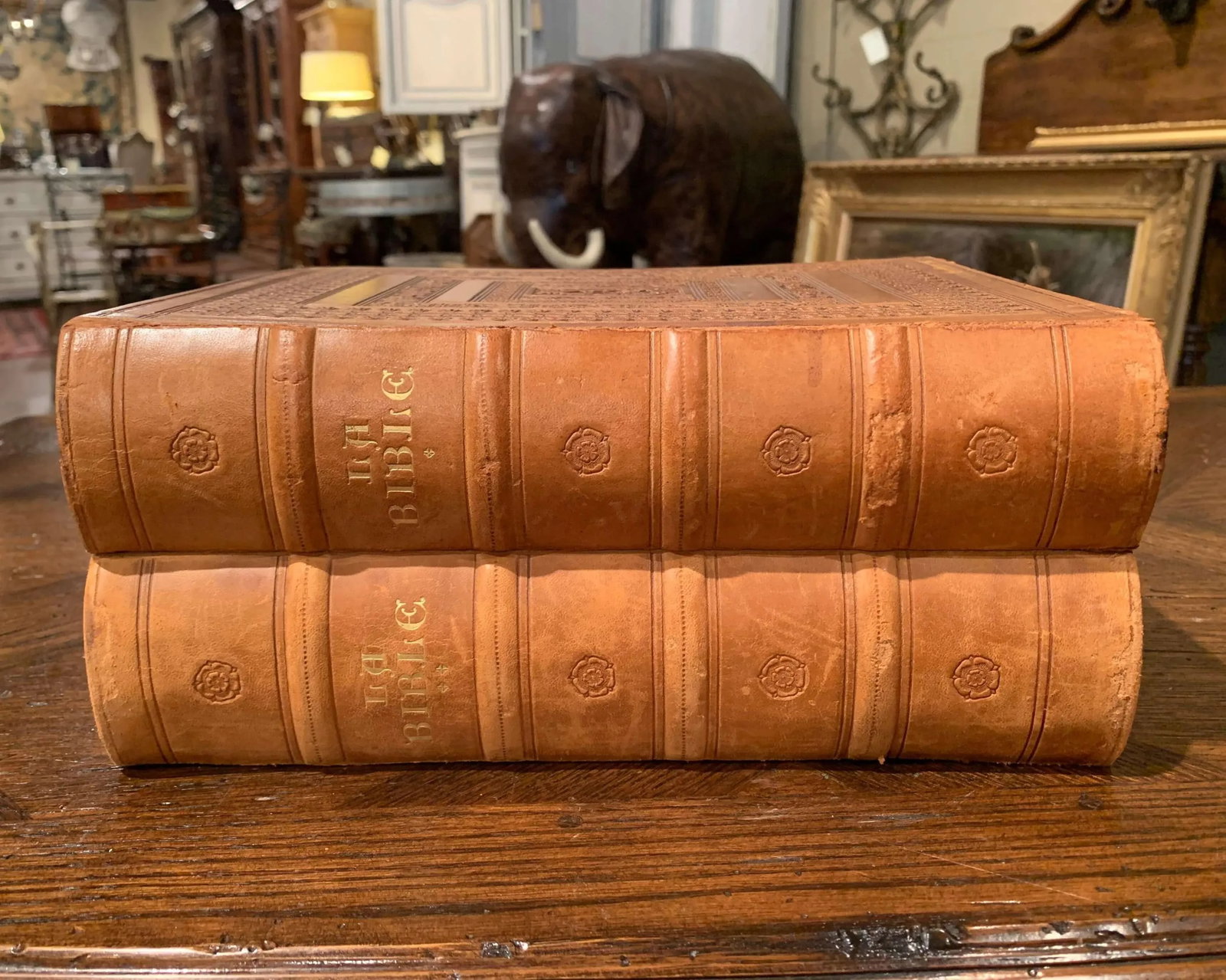 Mid-Century French Two-Volume Leather Bound Bible Set, Marseille 1953 - 2