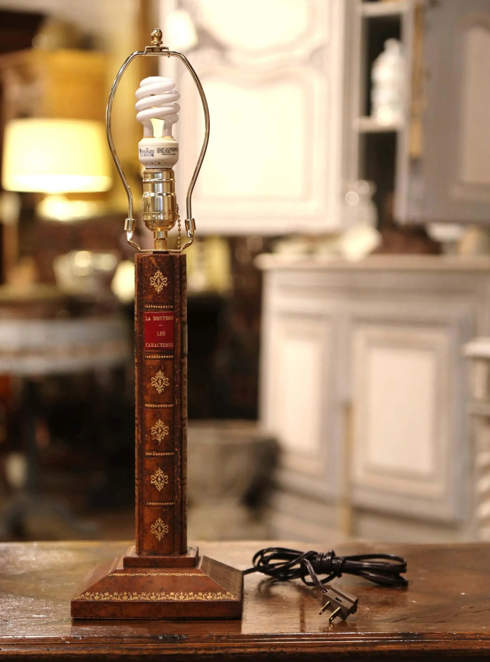 Mid-Century French Leather Faux Book Table Lamp With Shade - 2
