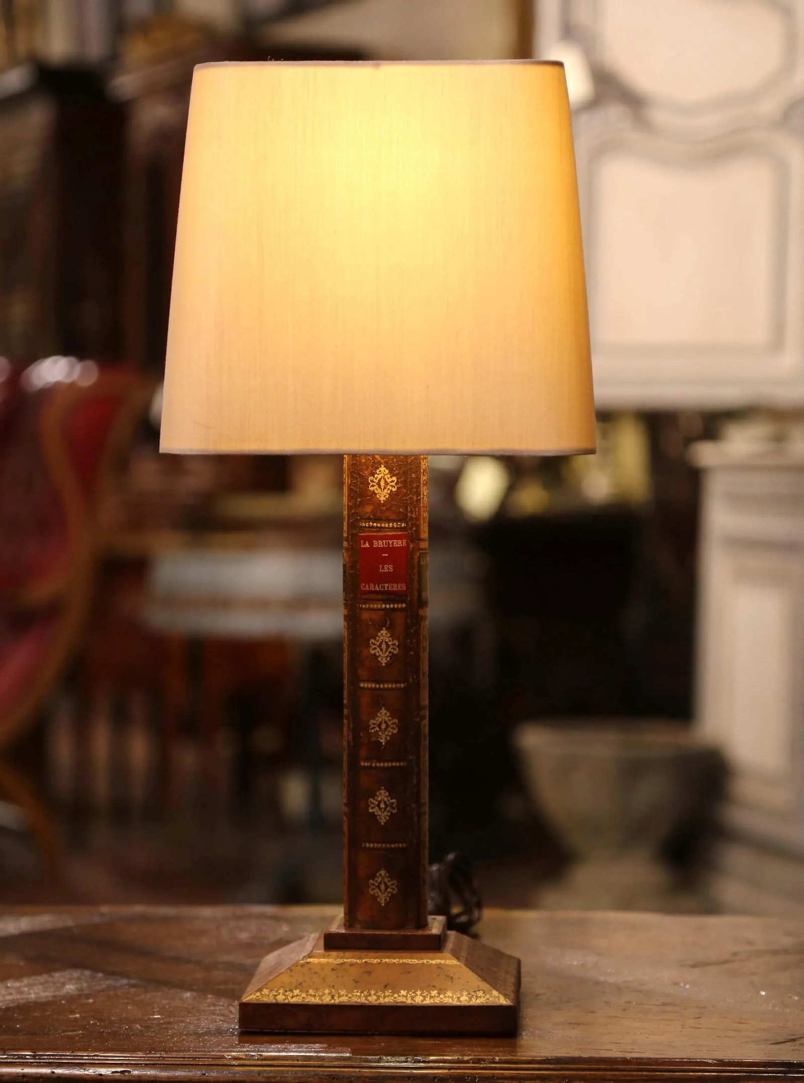 Mid-Century French Leather Faux Book Table Lamp With Shade - 4