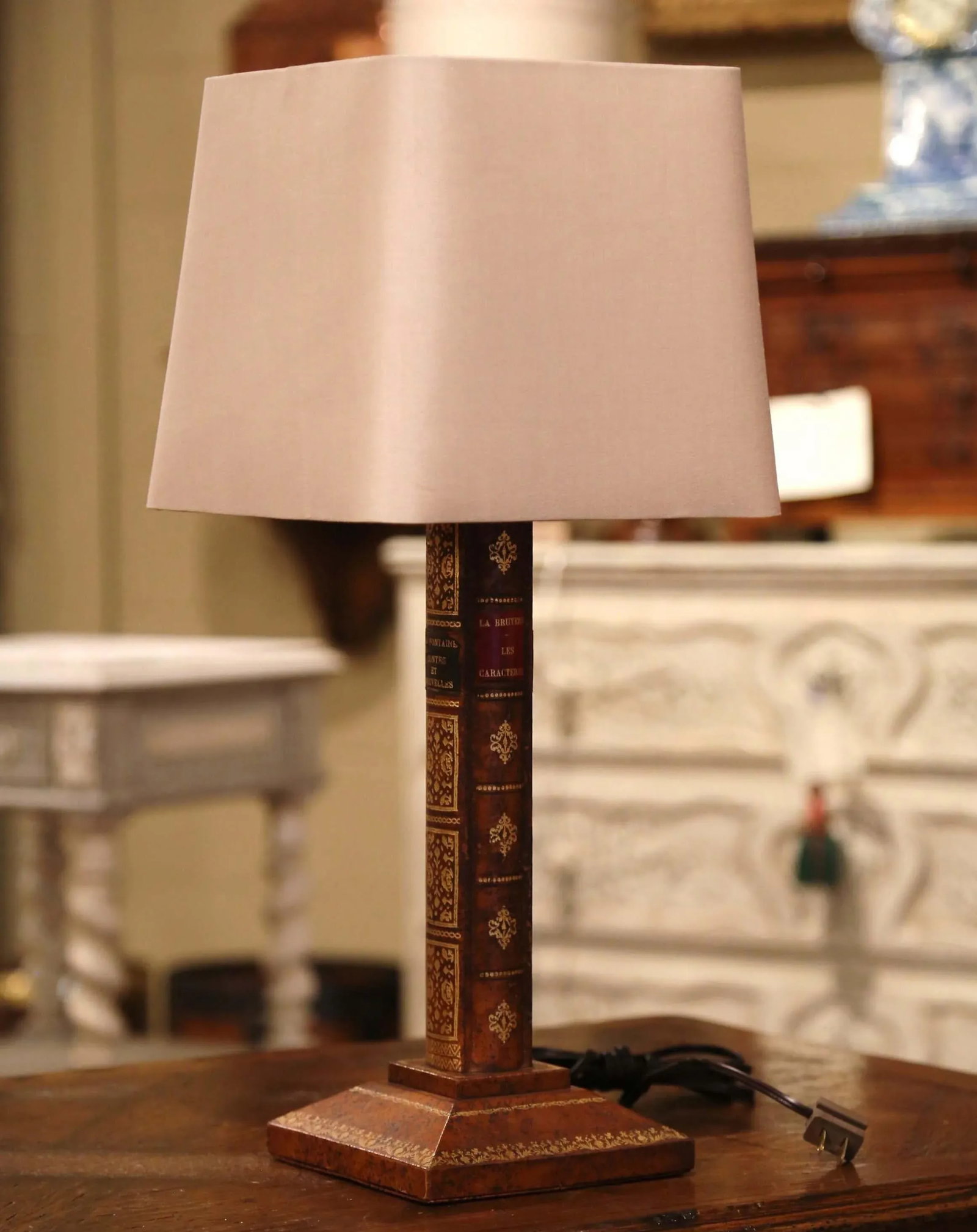 Mid-Century French Leather Faux Book Table Lamp With Shade - 5