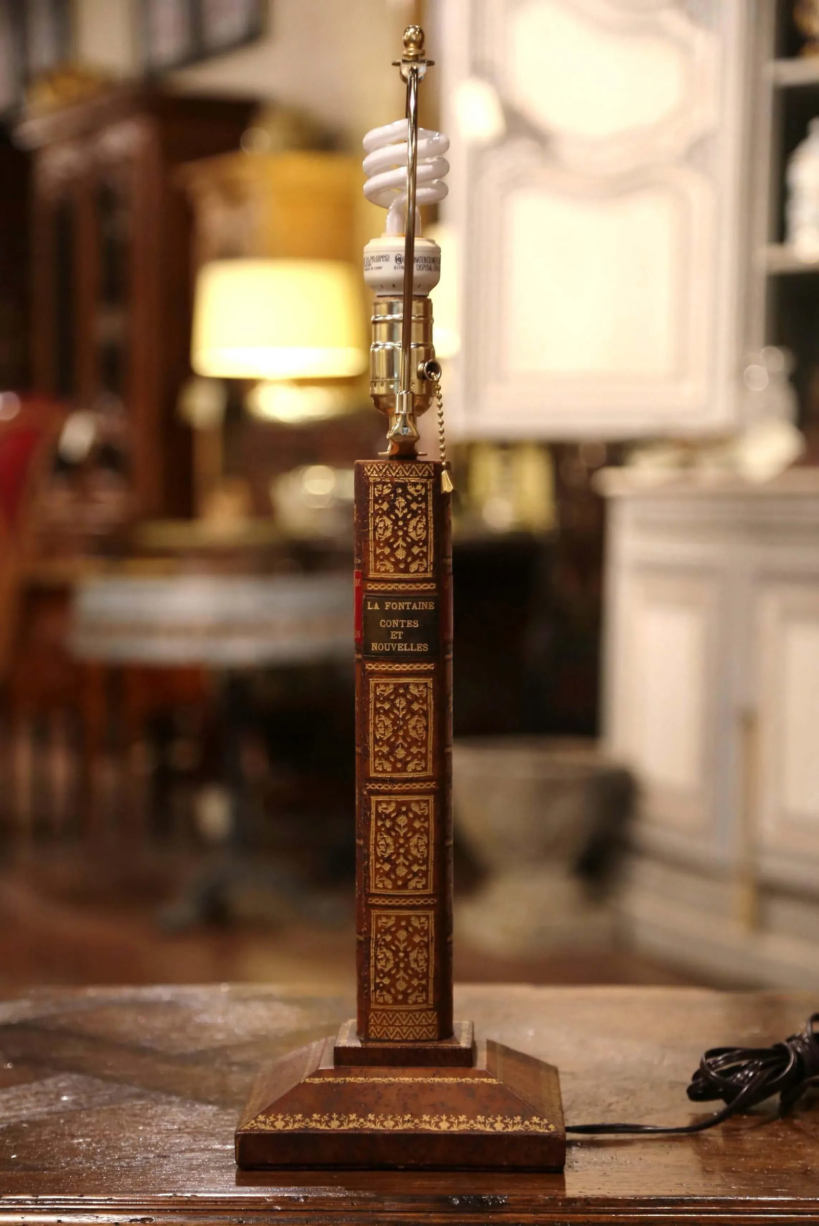 Mid-Century French Leather Faux Book Table Lamp With Shade - 6