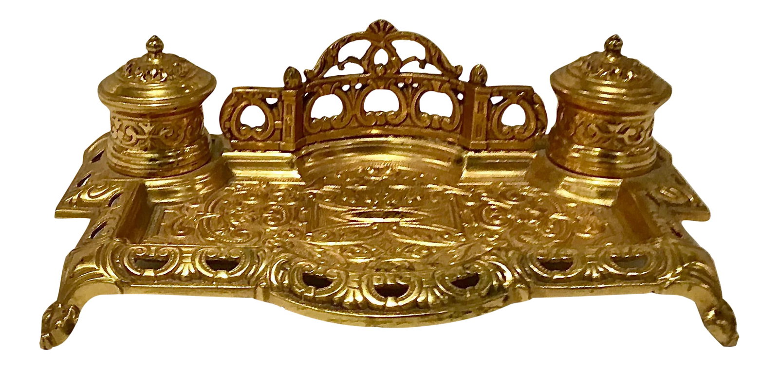 Vintage French STyle Brass Inkwell: Elegant Vintage French Style Ornate Brass Inkwell, Circa 1980's Condition: Alterations: Original Condition Unaltered Imperfections: Some Imperfections Condition Notes: Vintage Materials &