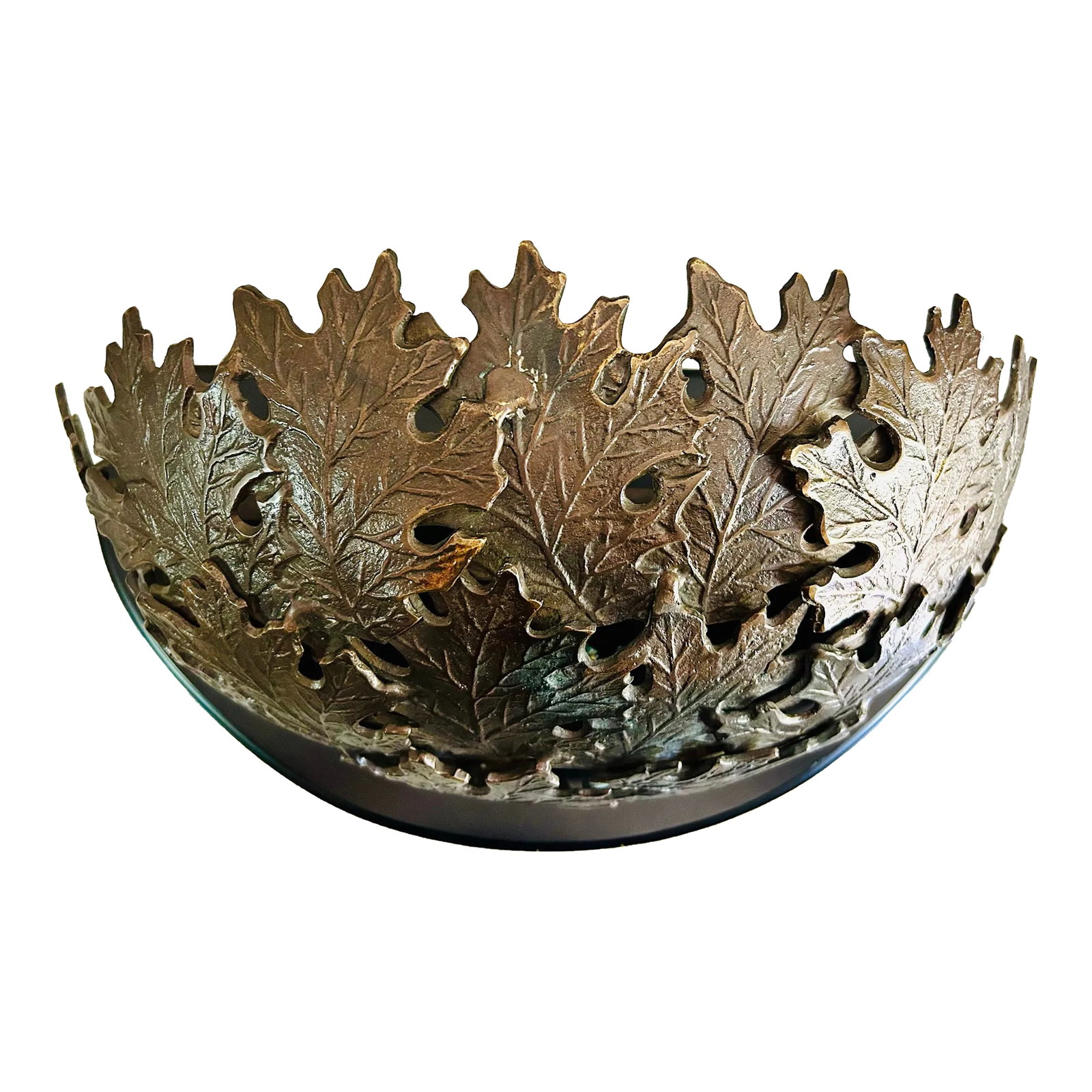 Bronze Oak Leaf Sconce: Overlapping bronze oak leaves have been fashioned and mounted onto a wood backing with small openings to create a lovely accent lighting sconce. Professionally fitted with two candle-opera sockets