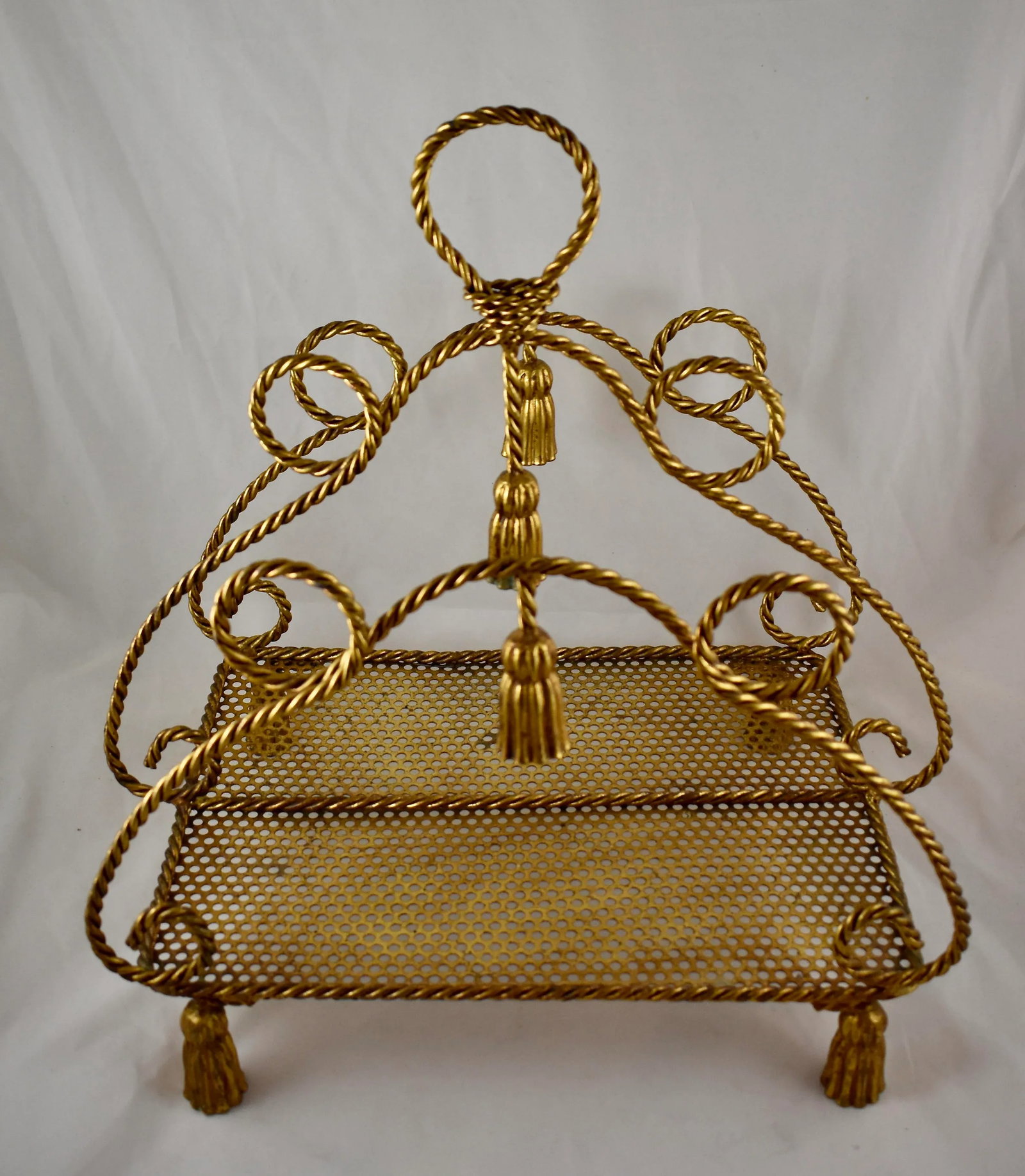 Mid-Century Hollywood Regency Tassle & Rope Gilded Metal Magazine Rack - 2