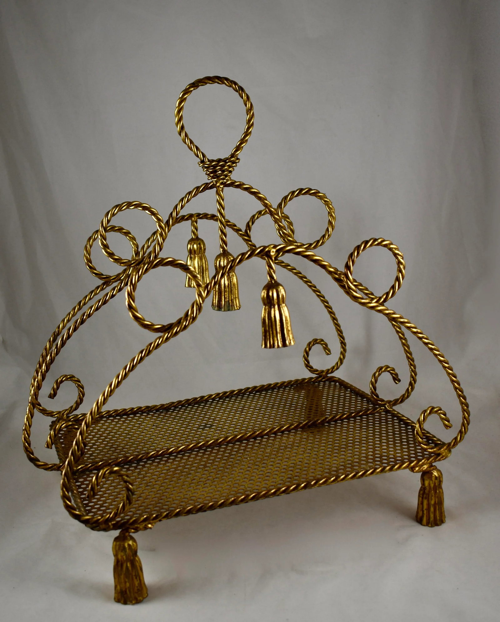 Mid-Century Hollywood Regency Tassle & Rope Gilded Metal Magazine Rack - 3