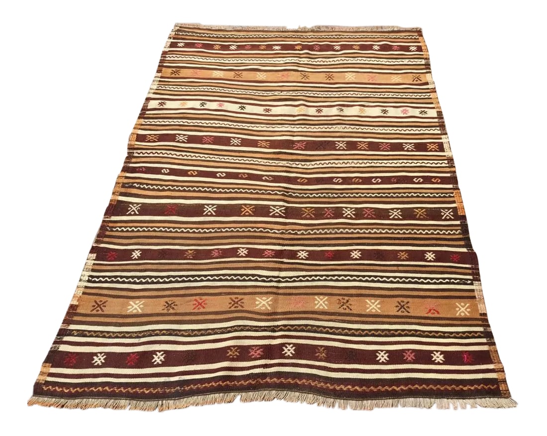 1960s Earth Toned Kilim Rug - 55" X 77": This beautiful, vintage, handwoven kilim rug is approximately 60 years old. It is handmade of hand spun wool in all natural colors. It has been professionally cleaned and is ready to use. The kilim