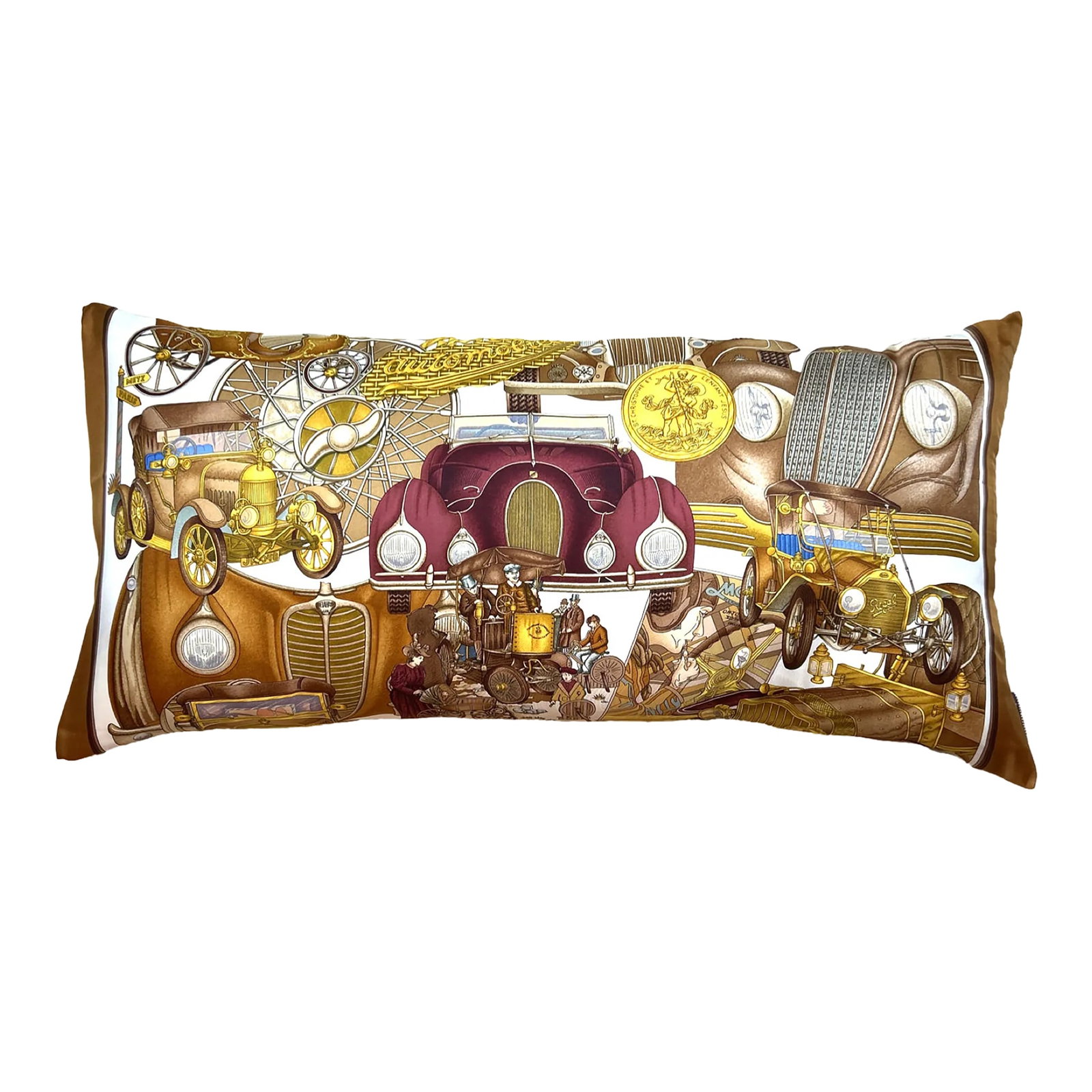 Hermes Automobile Vintage Silk Scarf Lumbar Pillow: Vintage finds exclusively ours. Our vintage Hermes silk scarf pillows are sustainably sourced, locally made with a history and story to be told. One-of-a-kind pillows reimagined from the world's fines